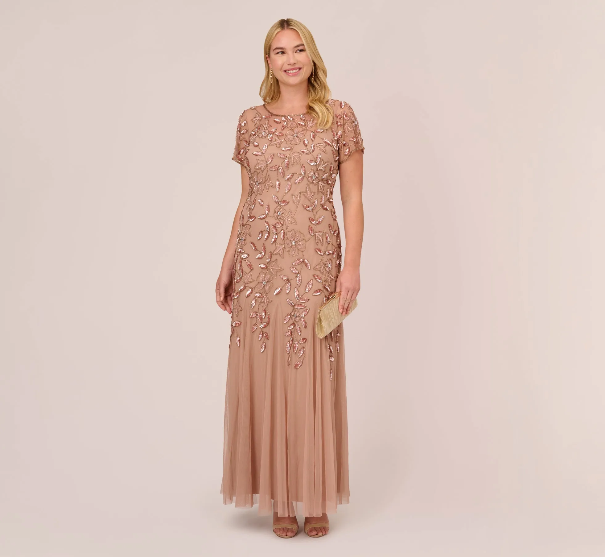 Plus Size Hand Beaded Short Sleeve Floral Godet Gown In Rose Gold sold by Adrianna Papell product image thumbnail 2