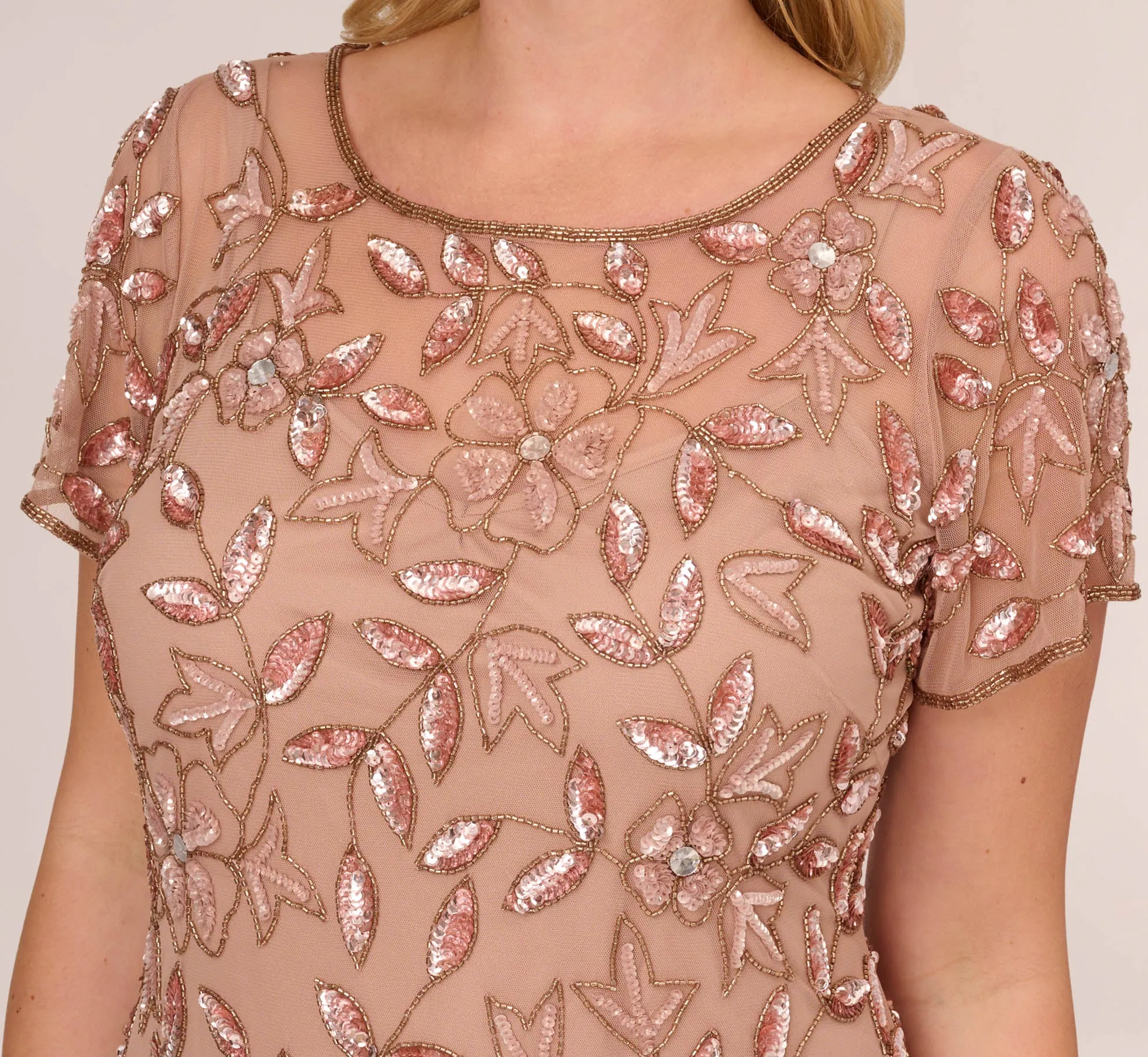 Plus Size Hand Beaded Short Sleeve Floral Godet Gown In Rose Gold sold by Adrianna Papell product image thumbnail 5