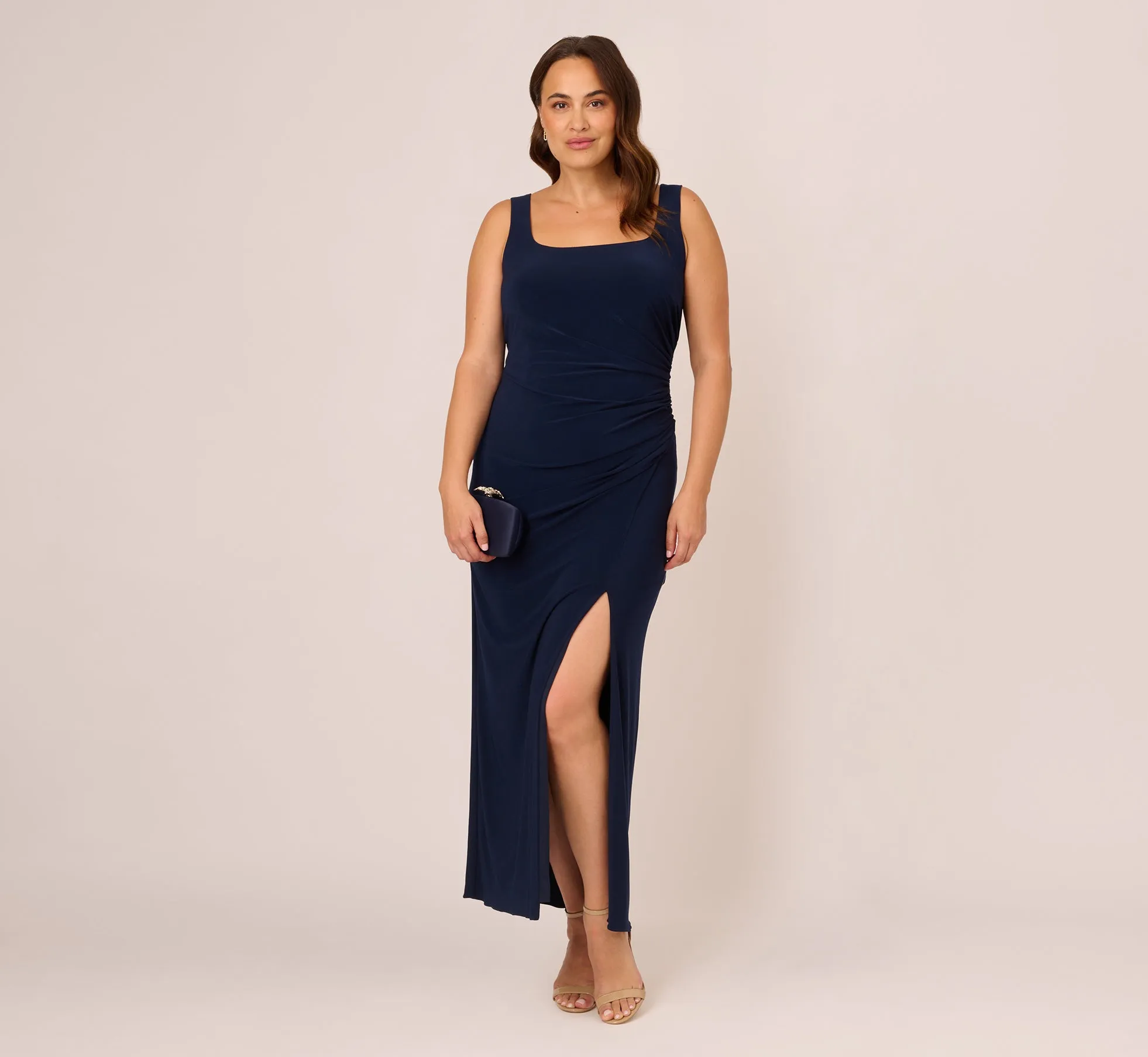 Plus Size Sleeveless Jersey Gown With Embellished Lace Cowl Back In Midnight sold by Adrianna Papell product image thumbnail 2