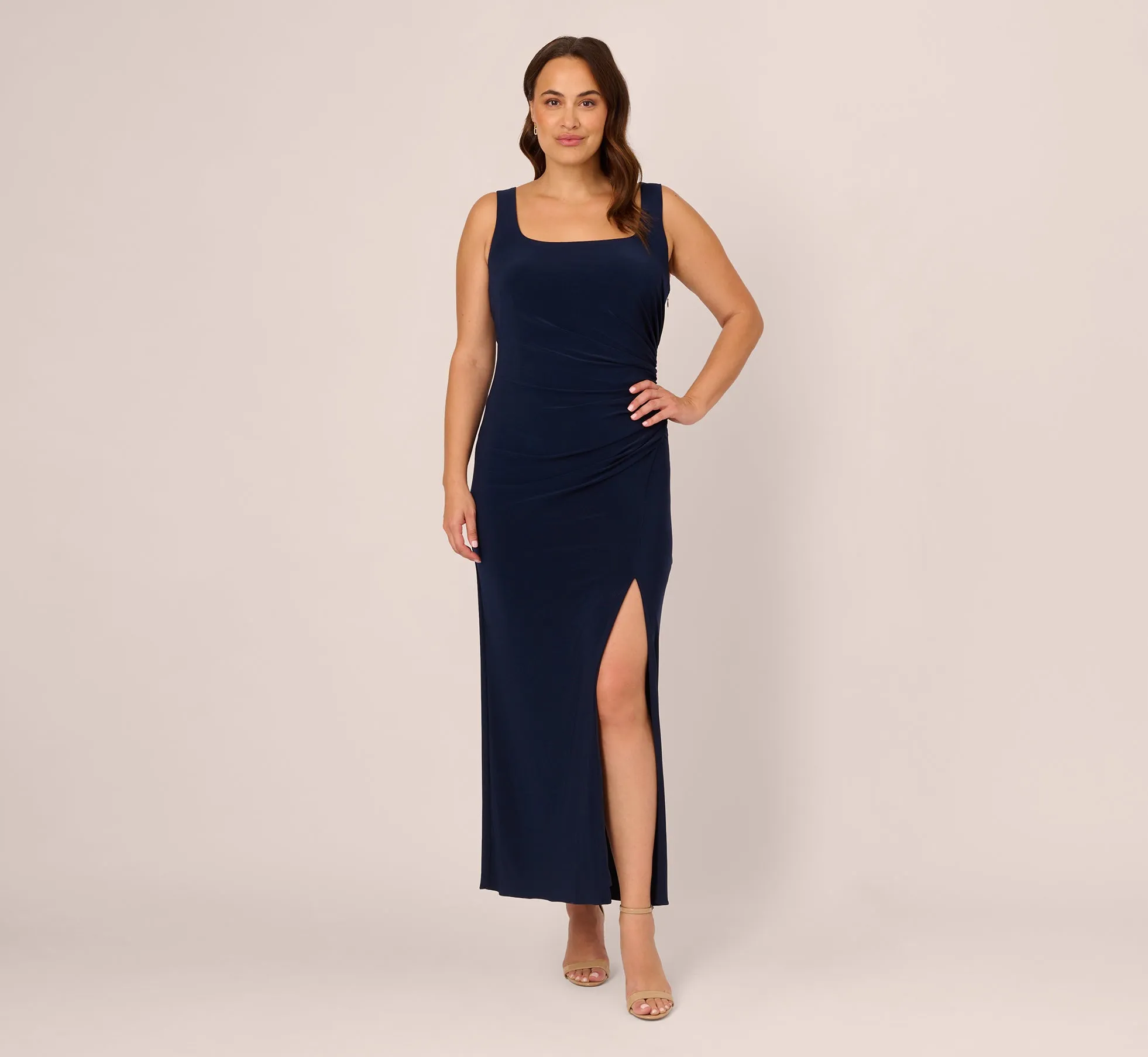 Plus Size Sleeveless Jersey Gown With Embellished Lace Cowl Back In Midnight sold by Adrianna Papell