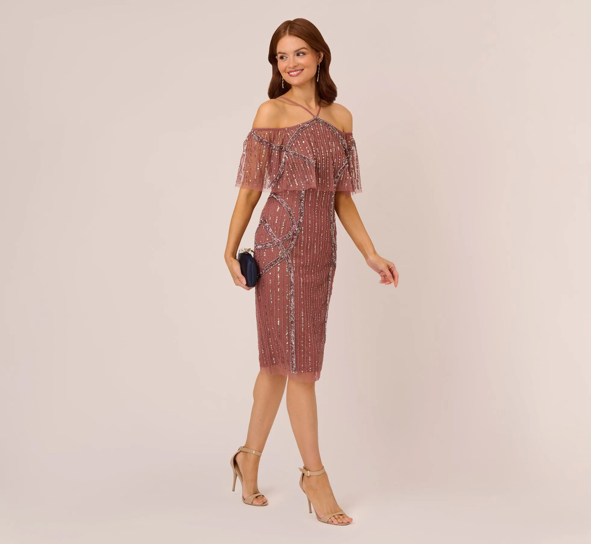 Beaded Off The Shoulder Sheath Dress With Halter Neck In Plum sold by Adrianna Papell product image thumbnail 2