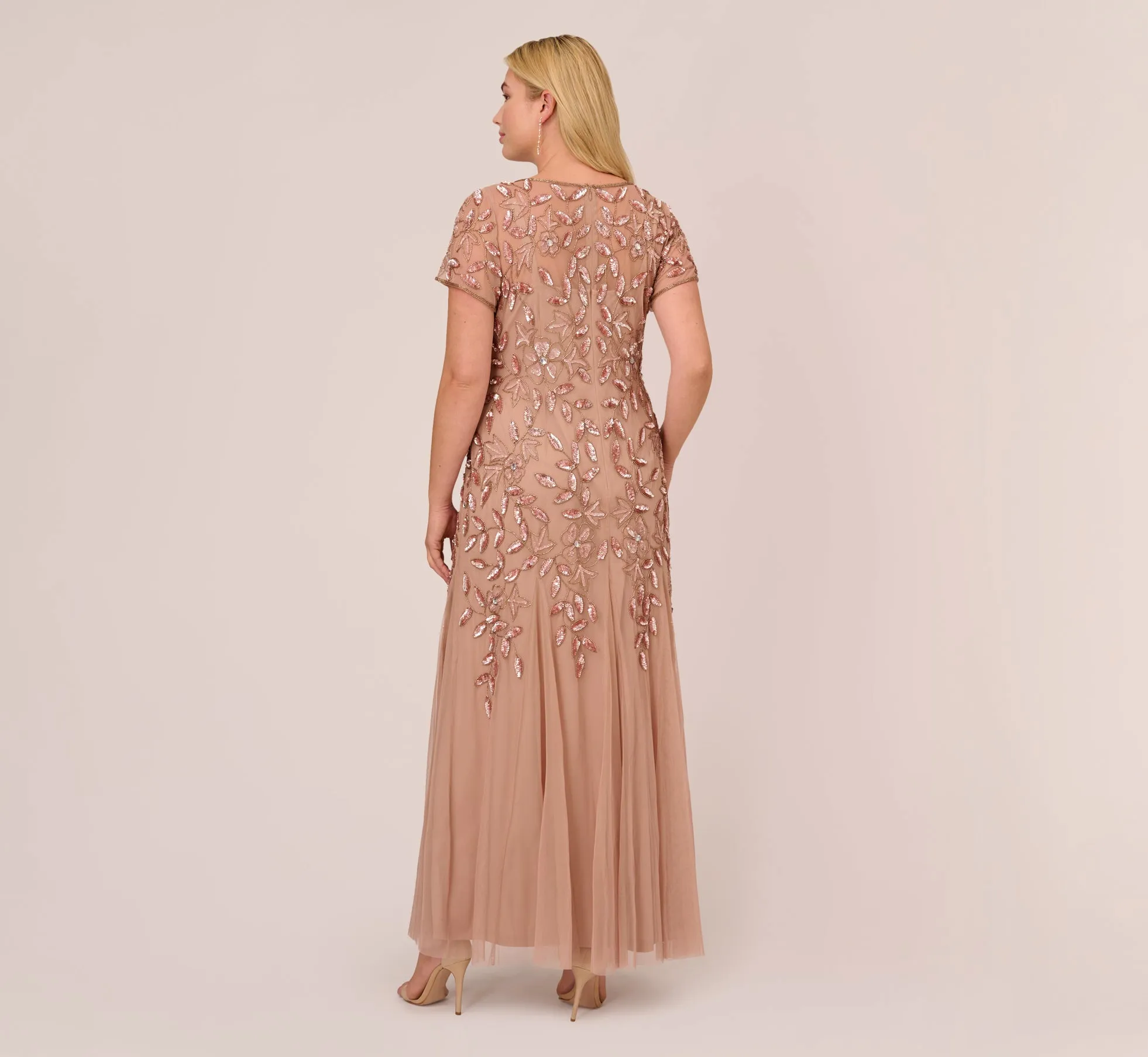 Plus Size Hand Beaded Short Sleeve Floral Godet Gown In Rose Gold sold by Adrianna Papell product image thumbnail 4