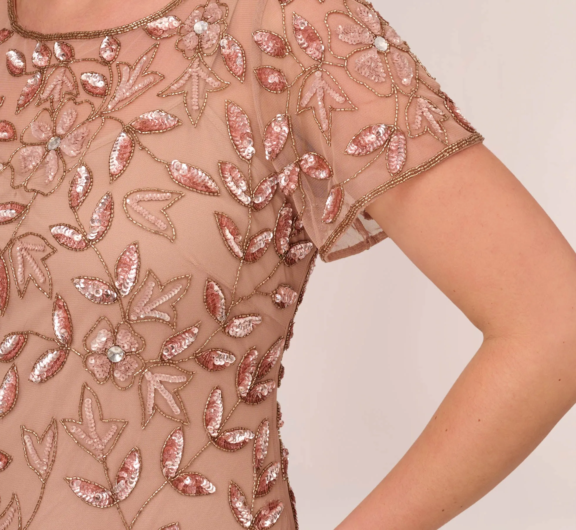 Plus Size Hand Beaded Short Sleeve Floral Godet Gown In Rose Gold sold by Adrianna Papell product image thumbnail 3