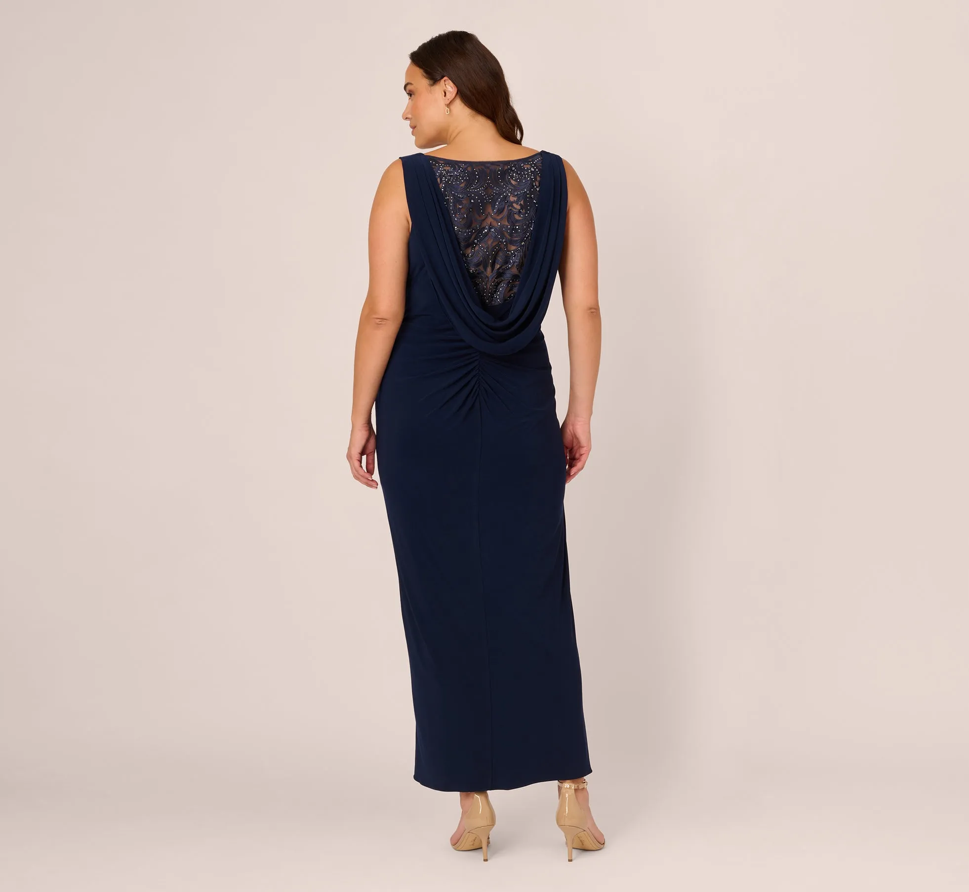 Plus Size Sleeveless Jersey Gown With Embellished Lace Cowl Back In Midnight sold by Adrianna Papell product image thumbnail 4