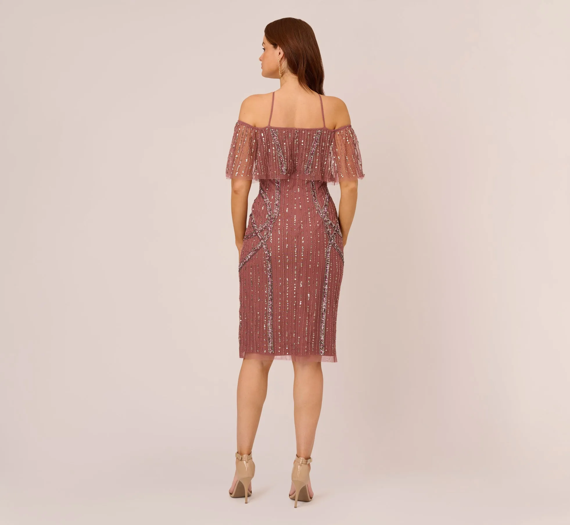 Beaded Off The Shoulder Sheath Dress With Halter Neck In Plum sold by Adrianna Papell product image thumbnail 4