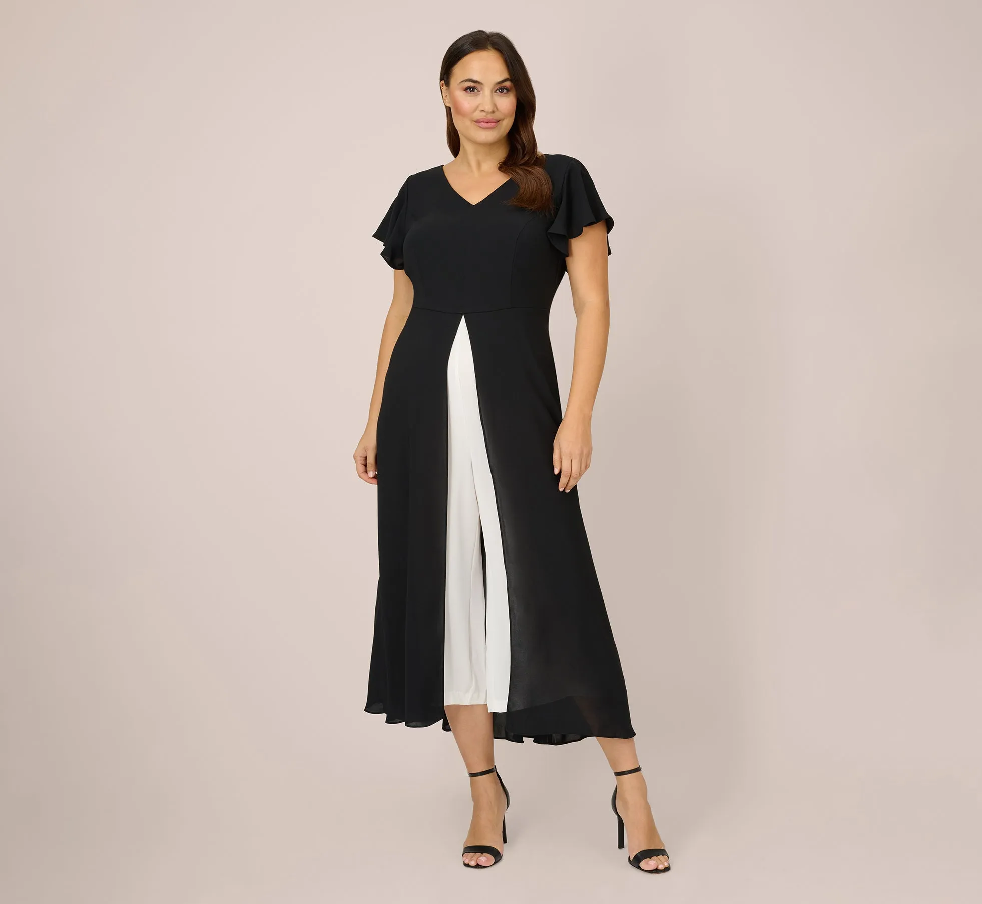 Plus Size Crepe Cropped Jumpsuit With Gauze Overlay In Black Ivory sold by Adrianna Papell