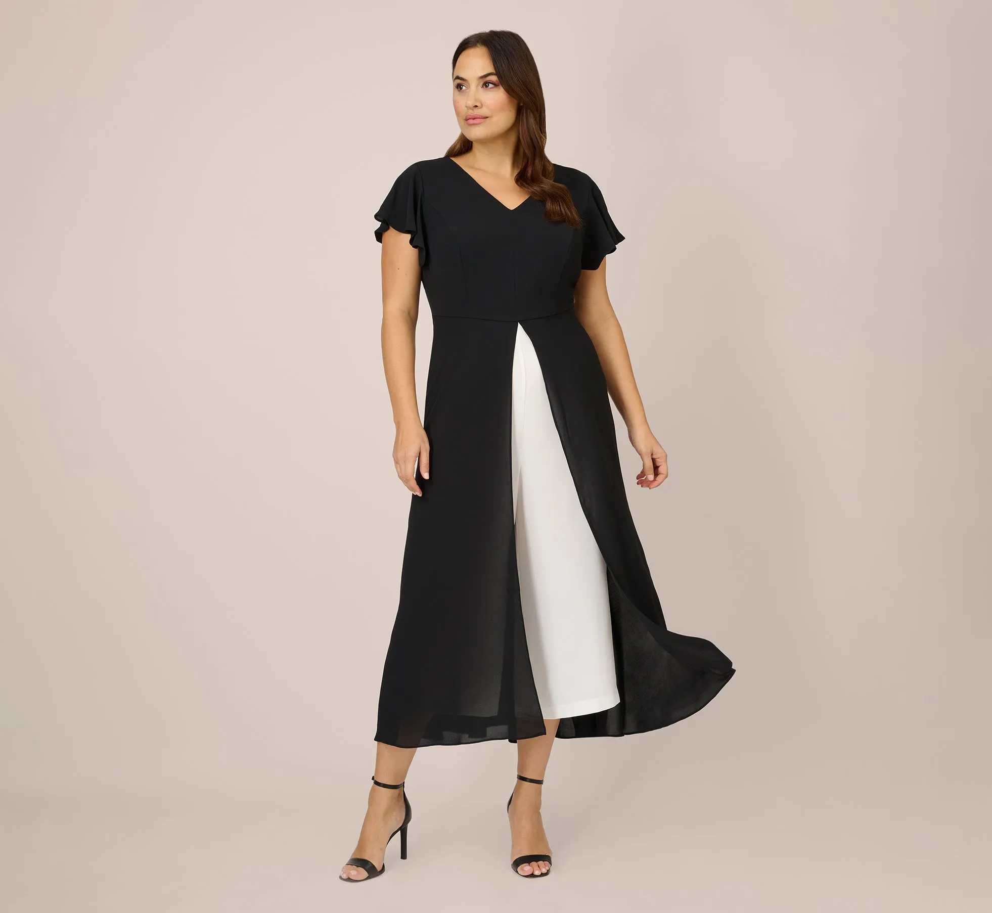 Plus Size Crepe Cropped Jumpsuit With Gauze Overlay In Black Ivory sold by Adrianna Papell product image thumbnail 2