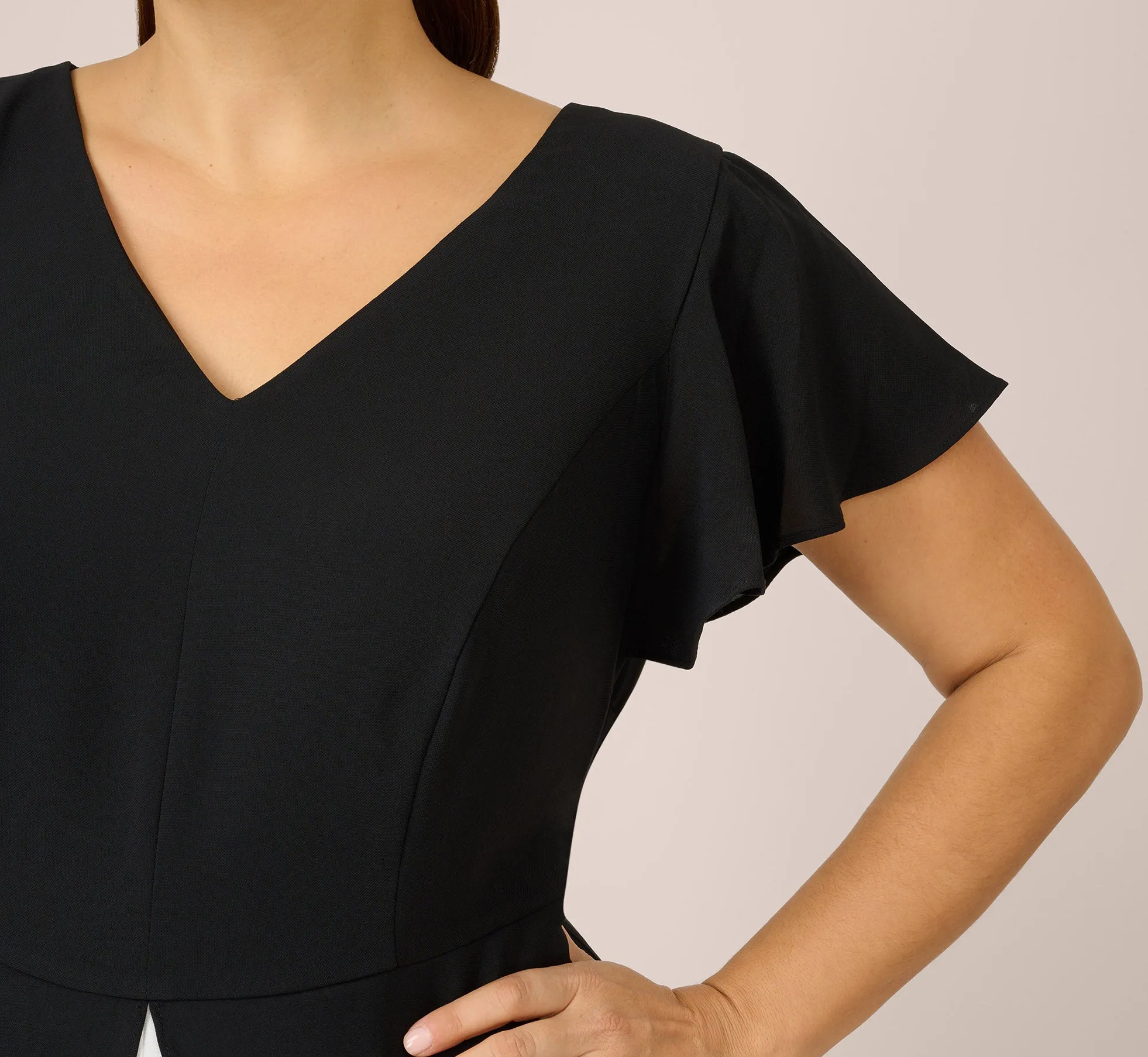 Plus Size Crepe Cropped Jumpsuit With Gauze Overlay In Black Ivory sold by Adrianna Papell product image thumbnail 3