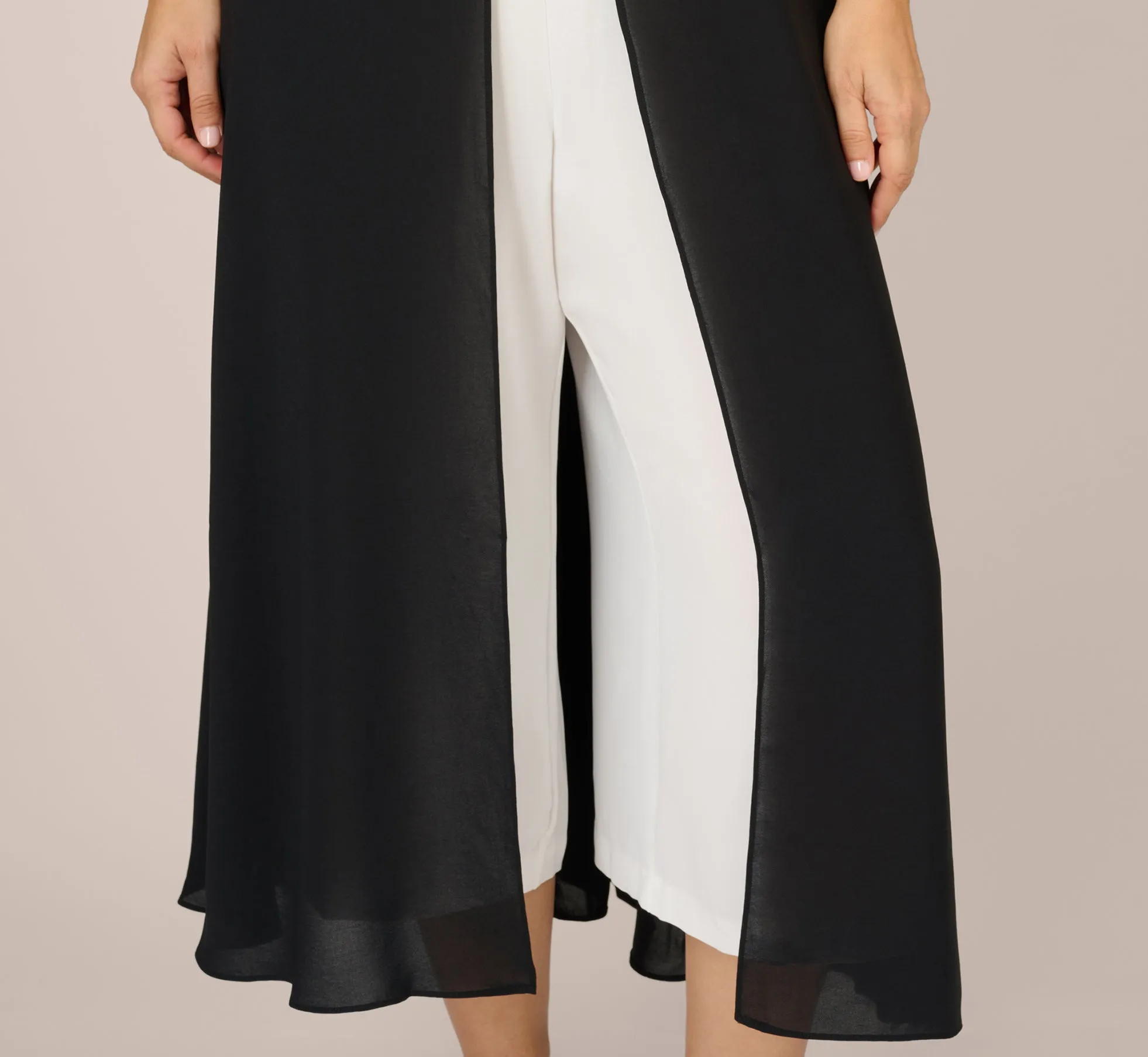 Plus Size Crepe Cropped Jumpsuit With Gauze Overlay In Black Ivory sold by Adrianna Papell product image thumbnail 5