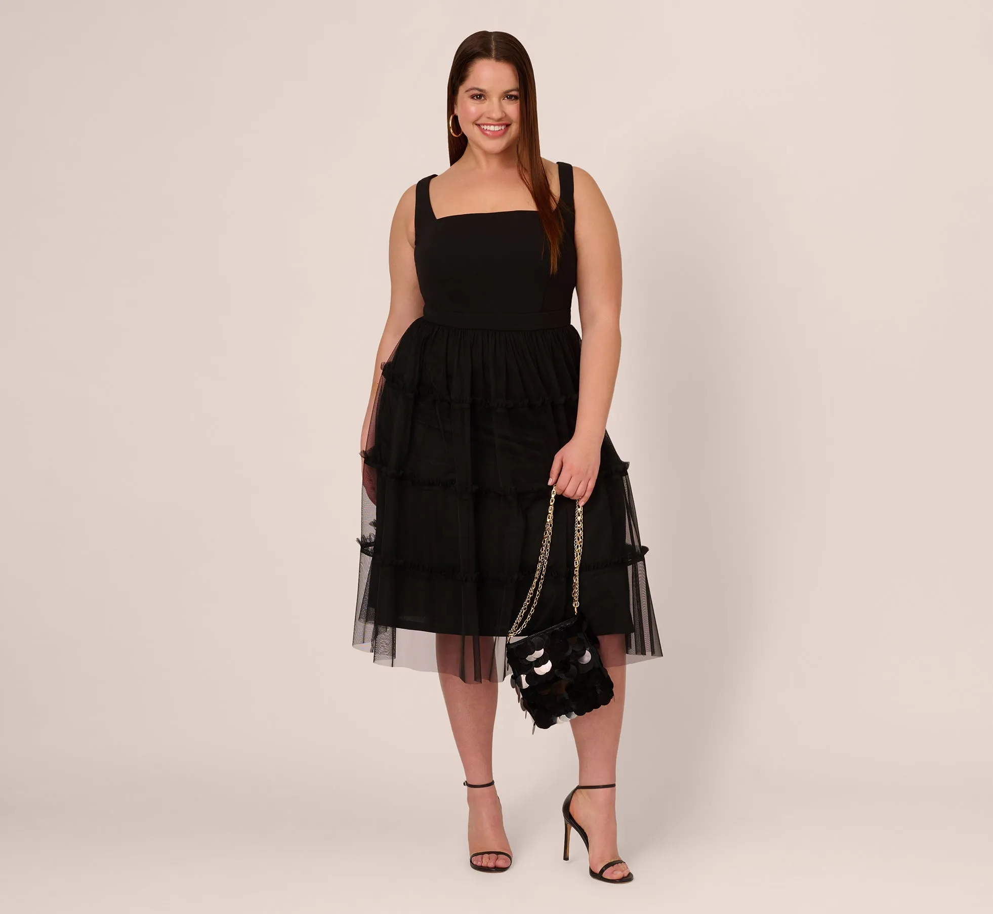 Plus Size Sleeveless Midi Dress With Square Neck And Tiered Skirt In Black sold by Adrianna Papell