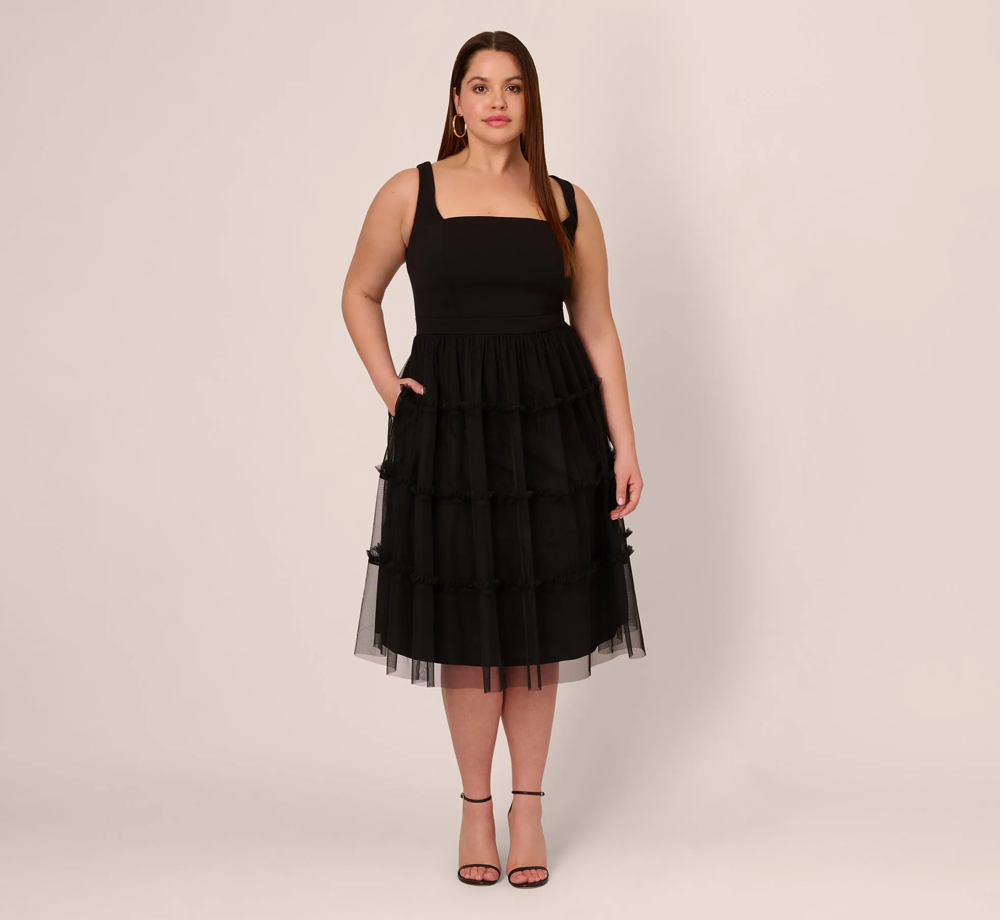 Plus Size Sleeveless Midi Dress With Square Neck And Tiered Skirt In Black sold by Adrianna Papell product image thumbnail 2
