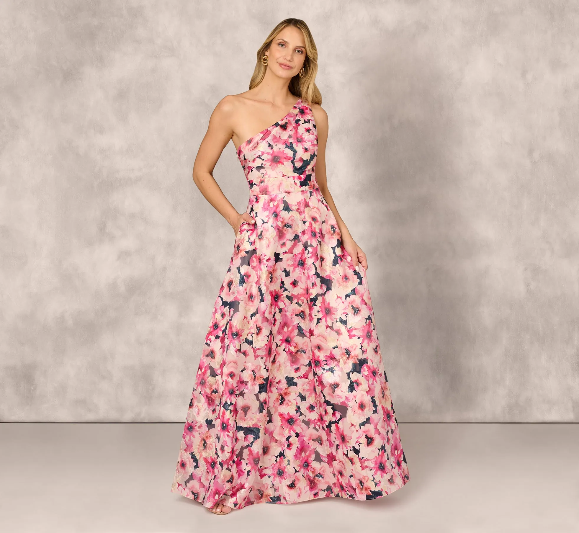 Floral Print Jacquard One Shoulder Ball Gown In Hot Pink Multi sold by Adrianna Papell