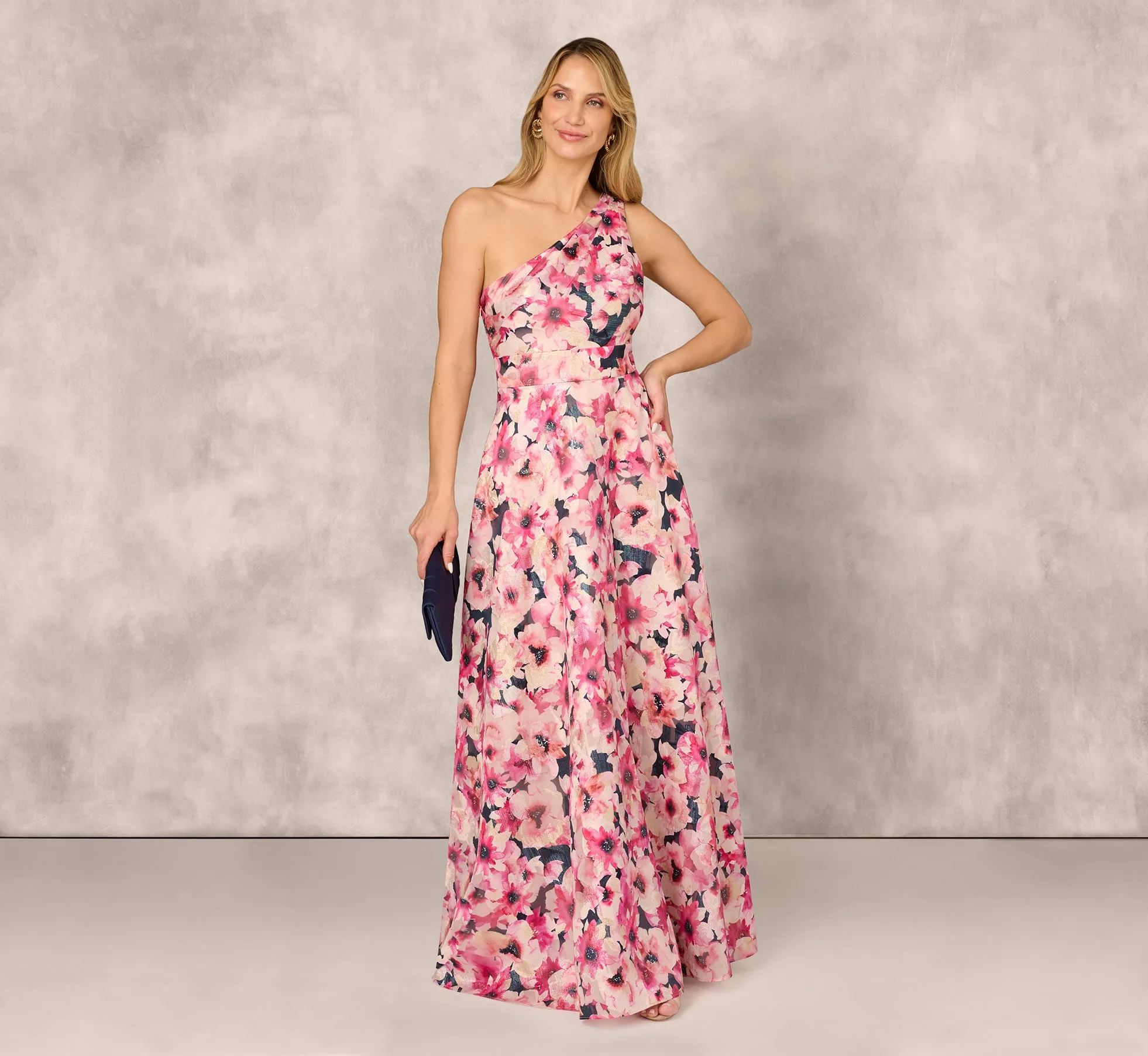 Floral Print Jacquard One Shoulder Ball Gown In Hot Pink Multi sold by Adrianna Papell product image thumbnail 2