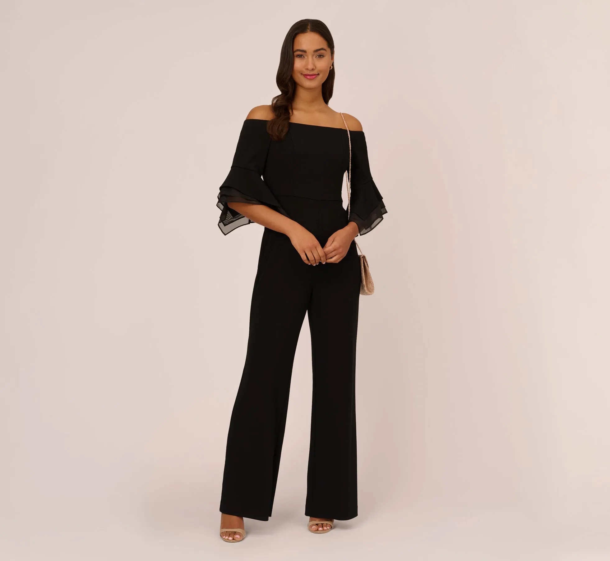 Off The Shoulder Crepe Jumpsuit With Organza Sleeves In Black sold by Adrianna Papell product image thumbnail 2