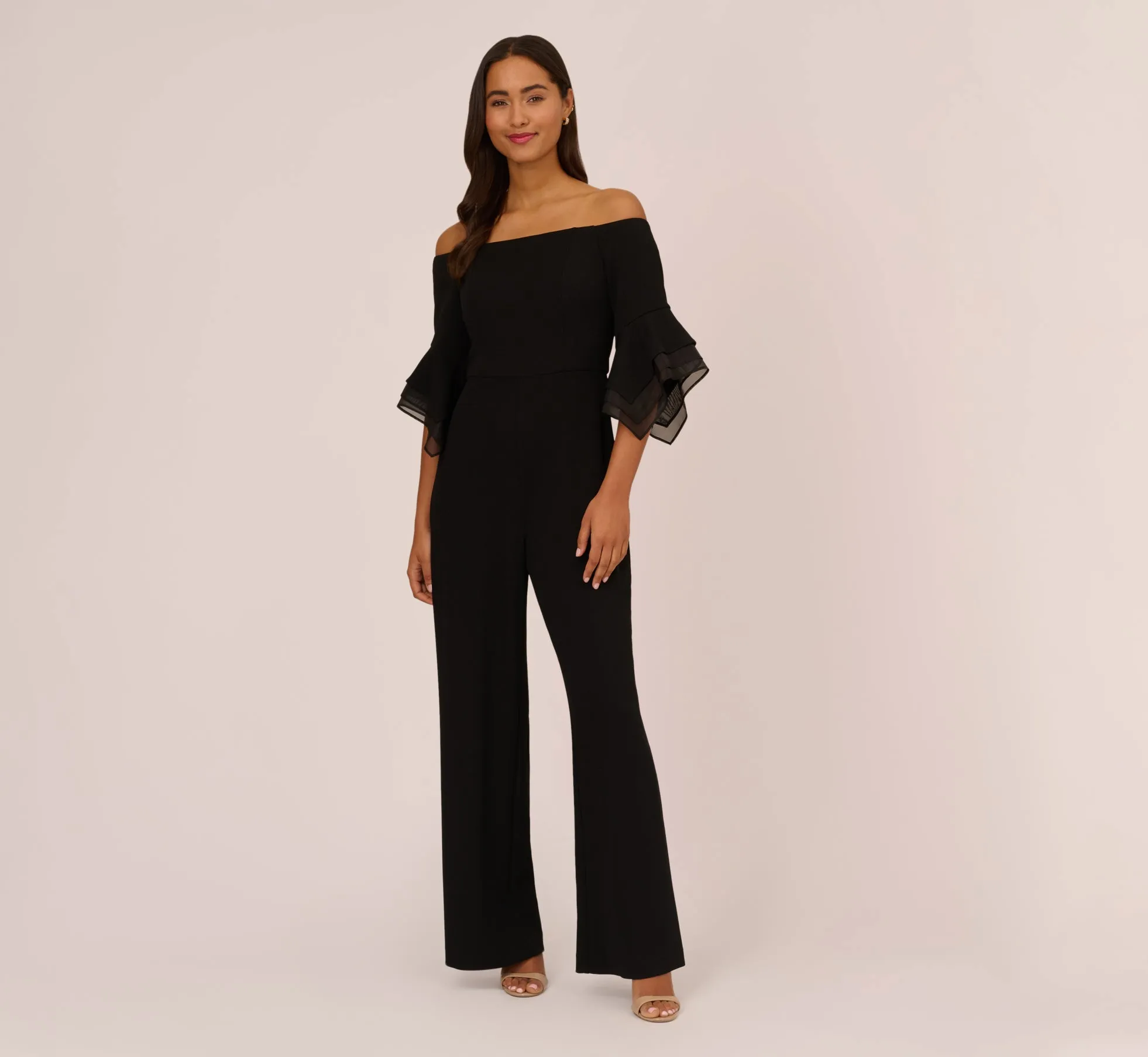 Off The Shoulder Crepe Jumpsuit With Organza Sleeves In Black sold by Adrianna Papell