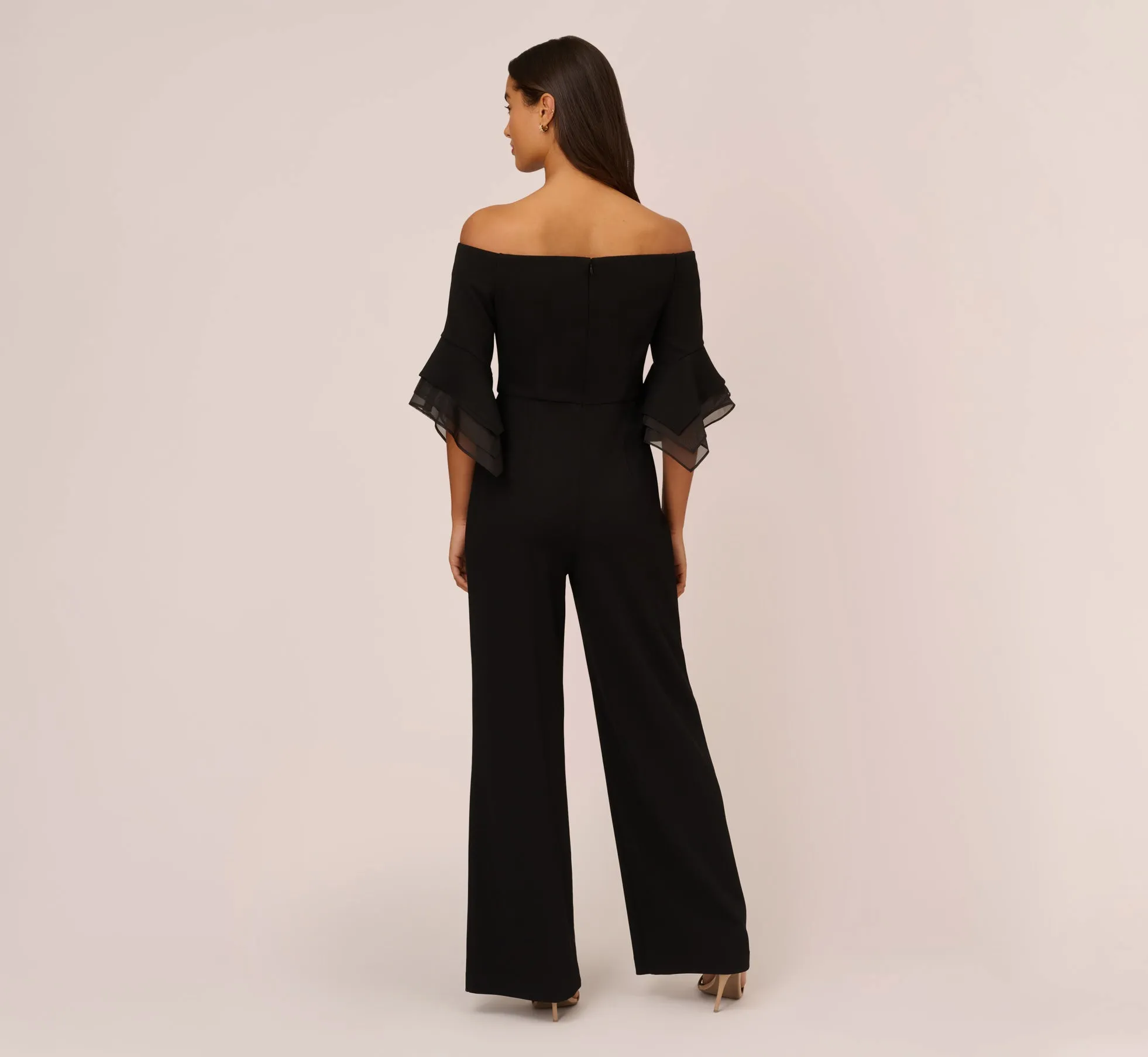 Off The Shoulder Crepe Jumpsuit With Organza Sleeves In Black sold by Adrianna Papell product image thumbnail 4