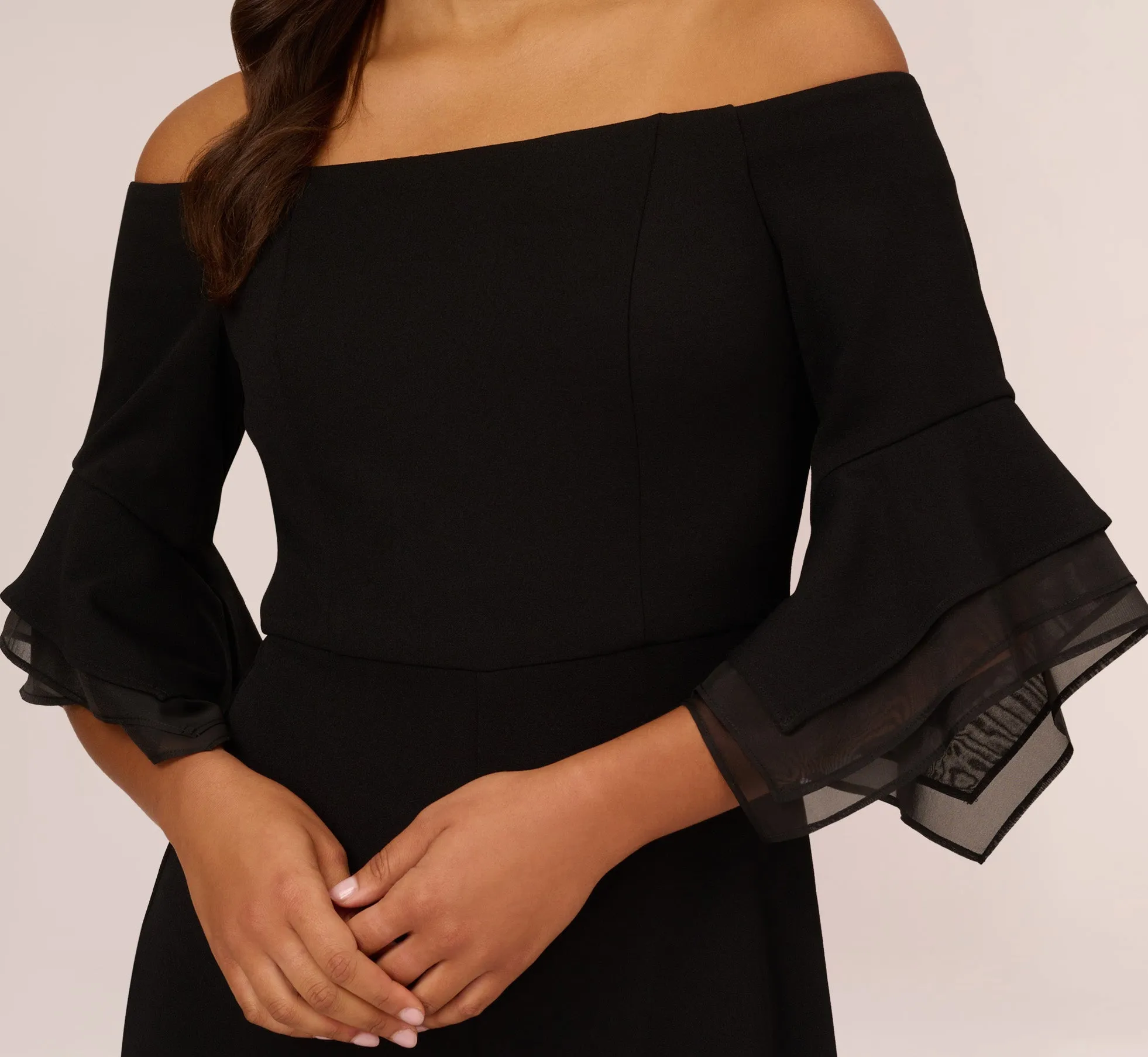 Off The Shoulder Crepe Jumpsuit With Organza Sleeves In Black sold by Adrianna Papell product image thumbnail 3
