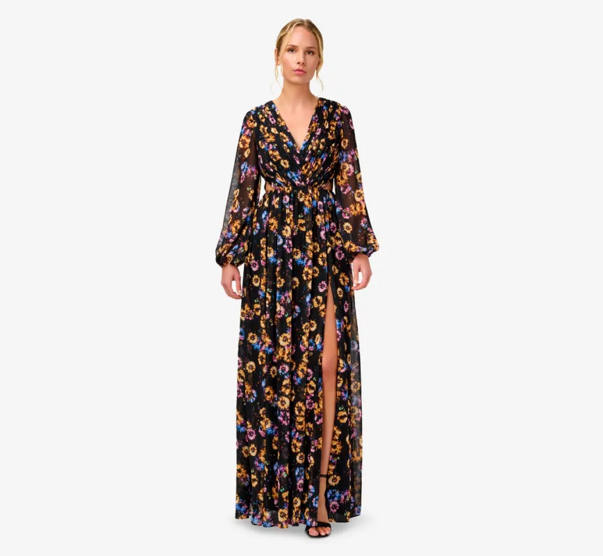 Floral-Print Pleated Chiffon Long A-Line Gown In Black Multi sold by Adrianna Papell