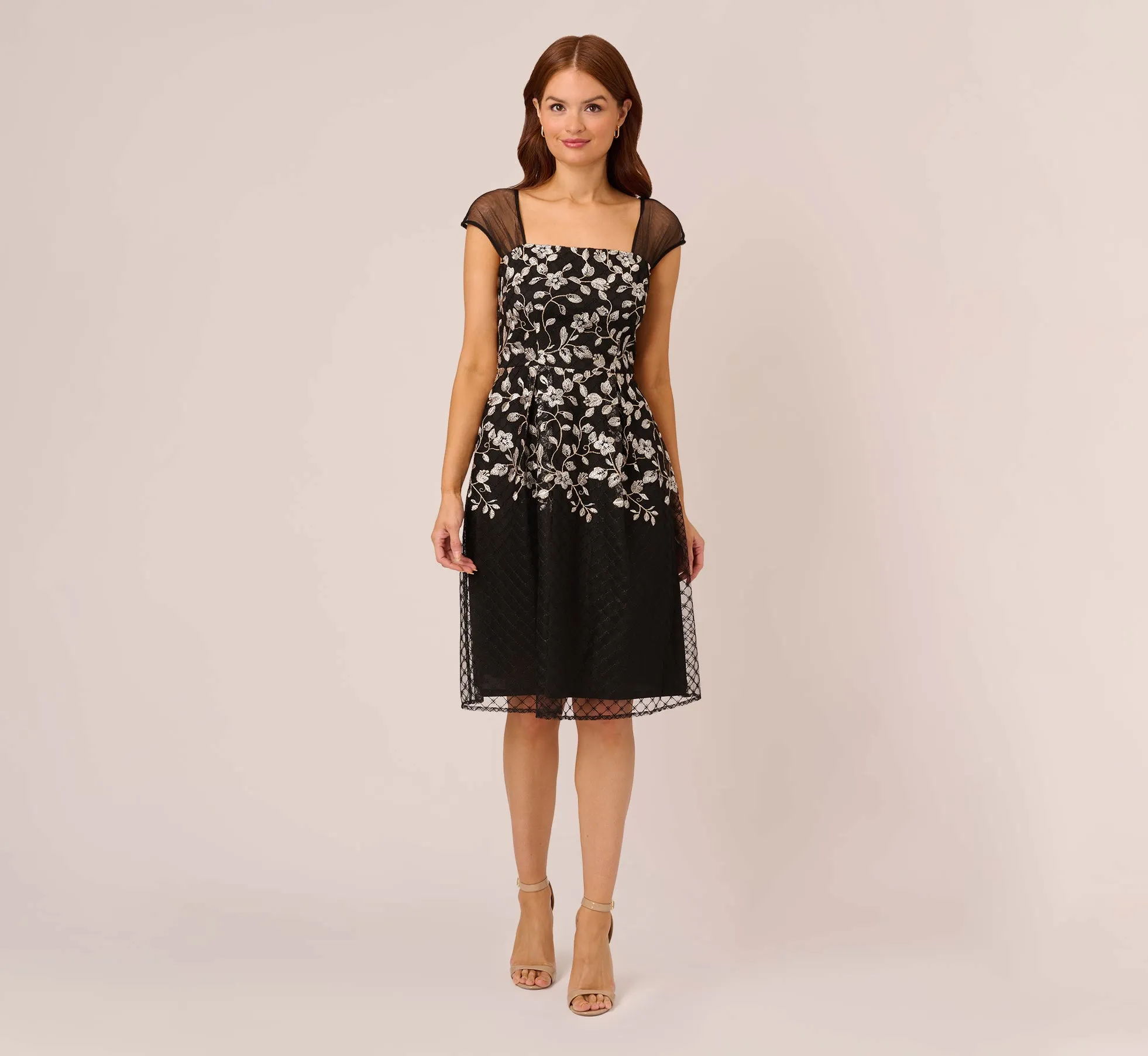 Floral Embroidered Midi Dress With Sheer Cap Sleeves In Black Ivory sold by Adrianna Papell