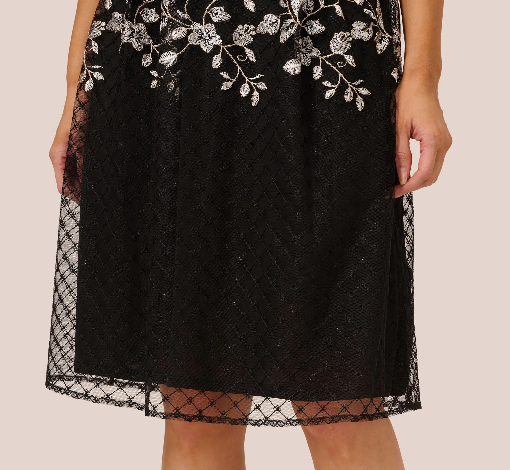 Floral Embroidered Midi Dress With Sheer Cap Sleeves In Black Ivory sold by Adrianna Papell product image thumbnail 5