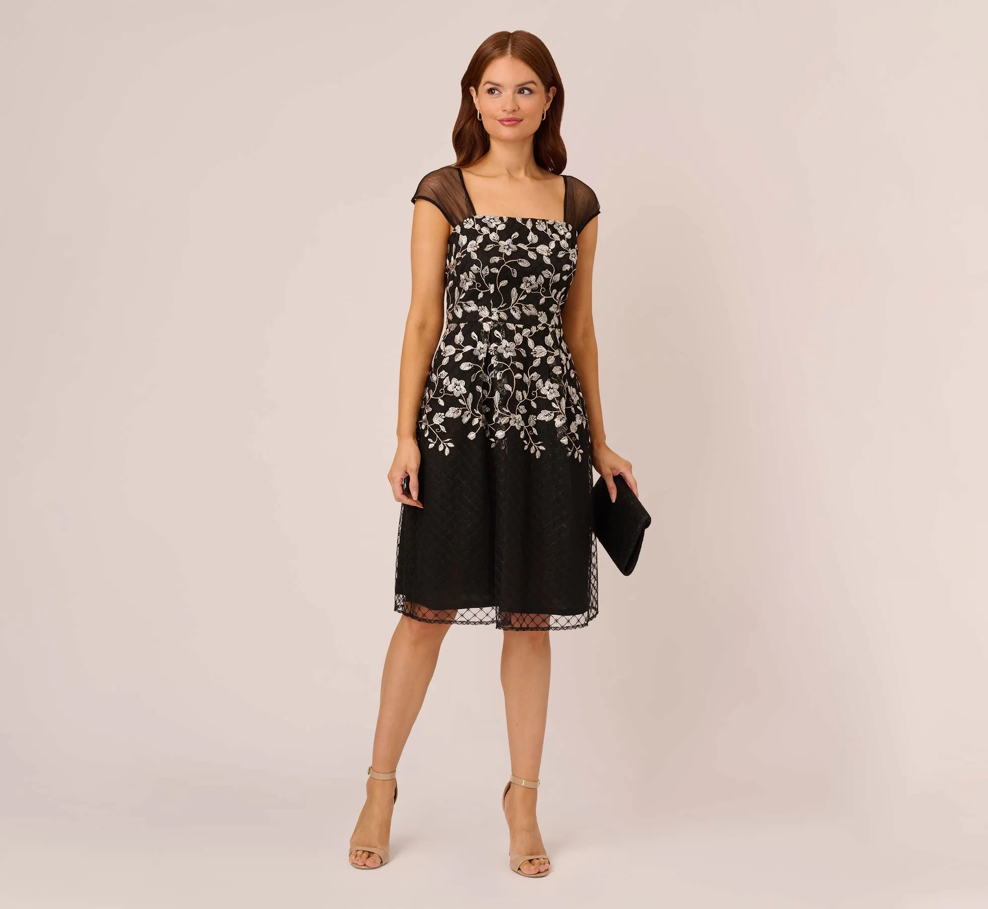 Floral Embroidered Midi Dress With Sheer Cap Sleeves In Black Ivory sold by Adrianna Papell product image thumbnail 2