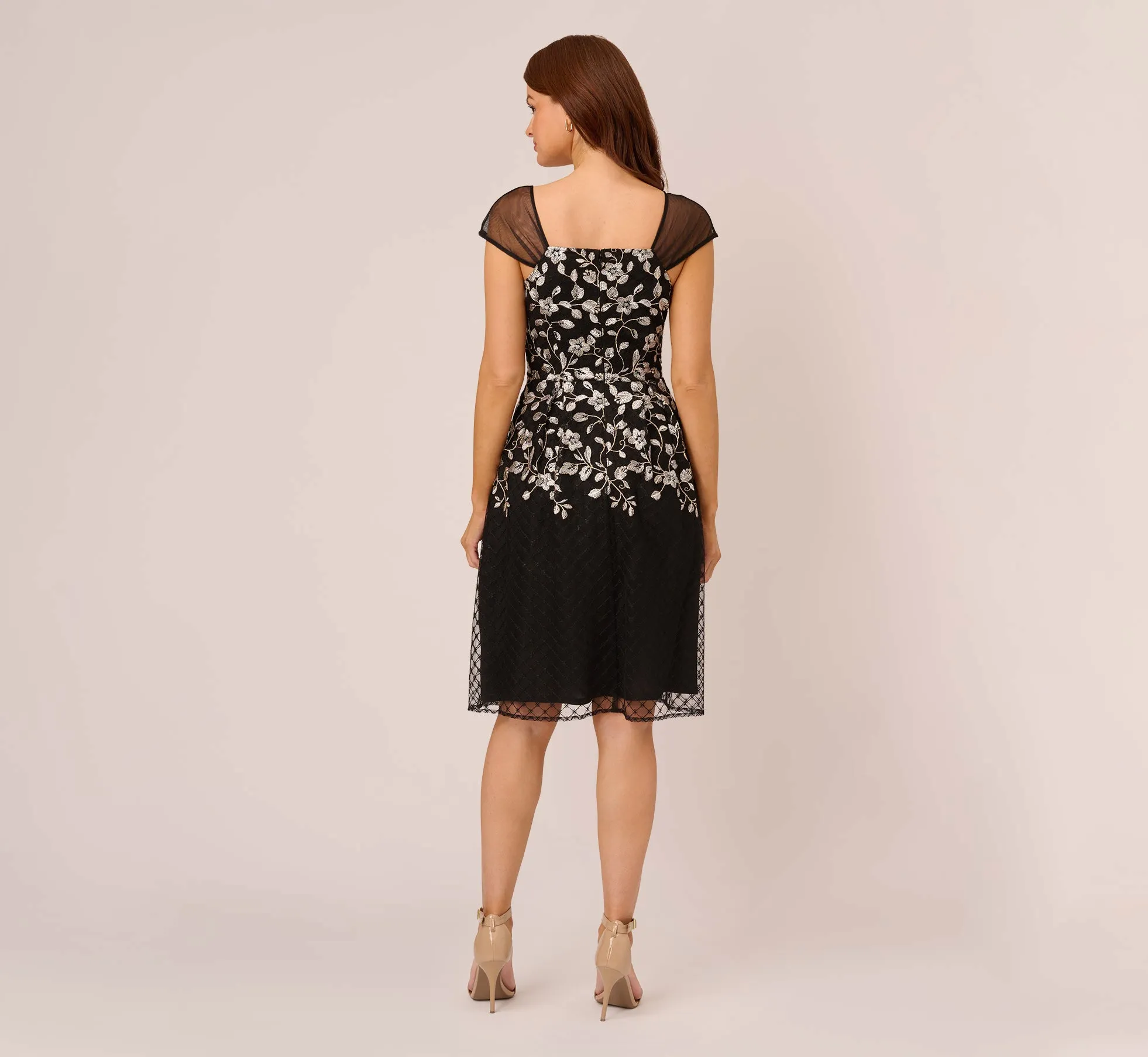 Floral Embroidered Midi Dress With Sheer Cap Sleeves In Black Ivory sold by Adrianna Papell product image thumbnail 4