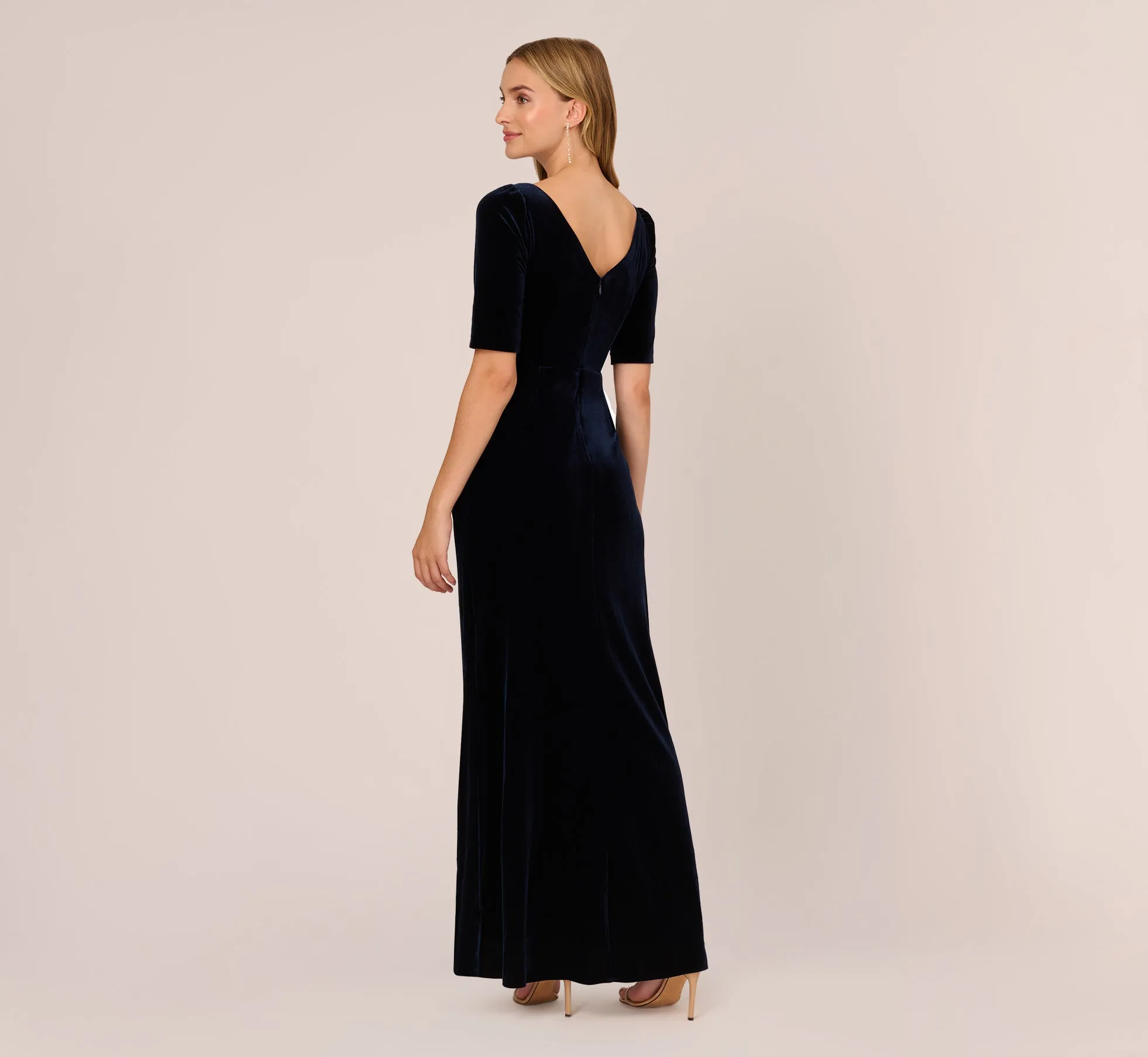 Shirred Velvet Gown With Elbow-Length Sleeves In Midnight sold by Adrianna Papell product image thumbnail 5