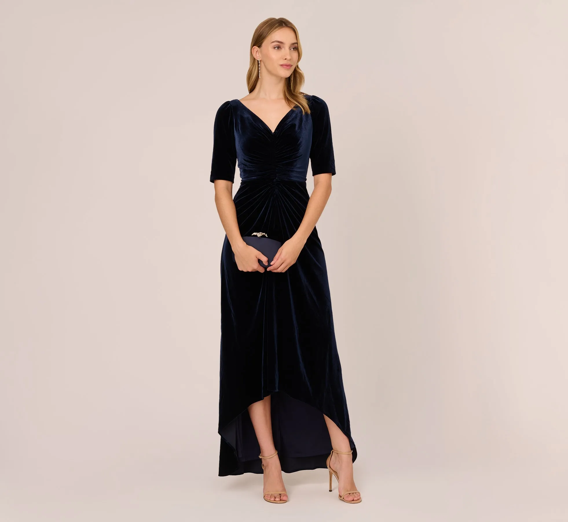 Shirred Velvet Gown With Elbow-Length Sleeves In Midnight sold by Adrianna Papell product image thumbnail 2