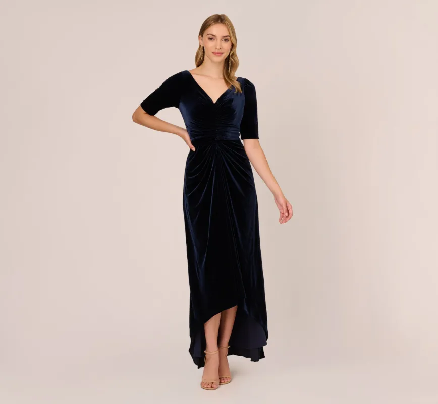 Shirred Velvet Gown With Elbow-Length Sleeves In Midnight sold by Adrianna Papell