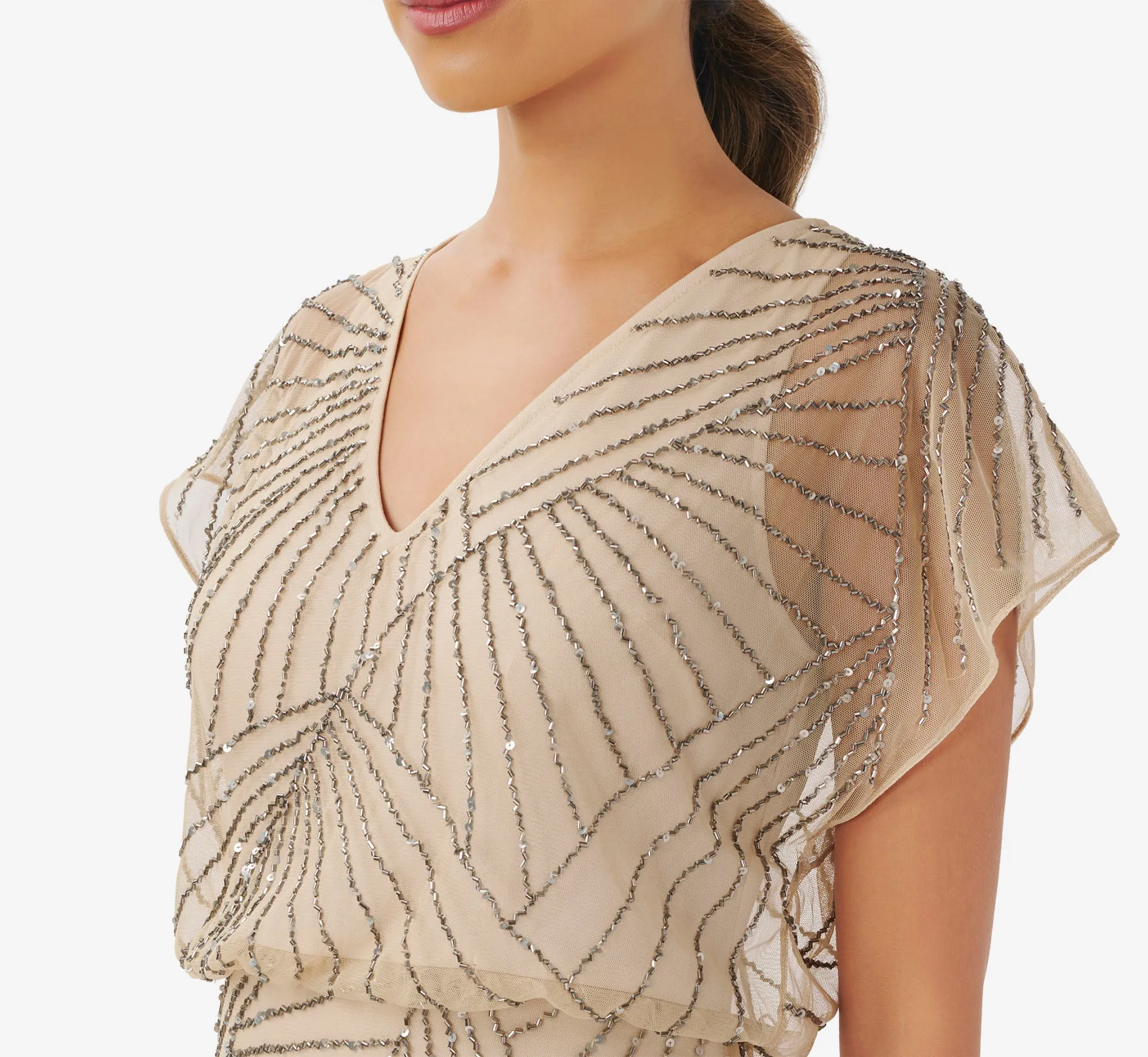 Hand-Beaded Blouson Long Gown With Flutter Sleeves In Nude sold by Adrianna Papell product image thumbnail 3