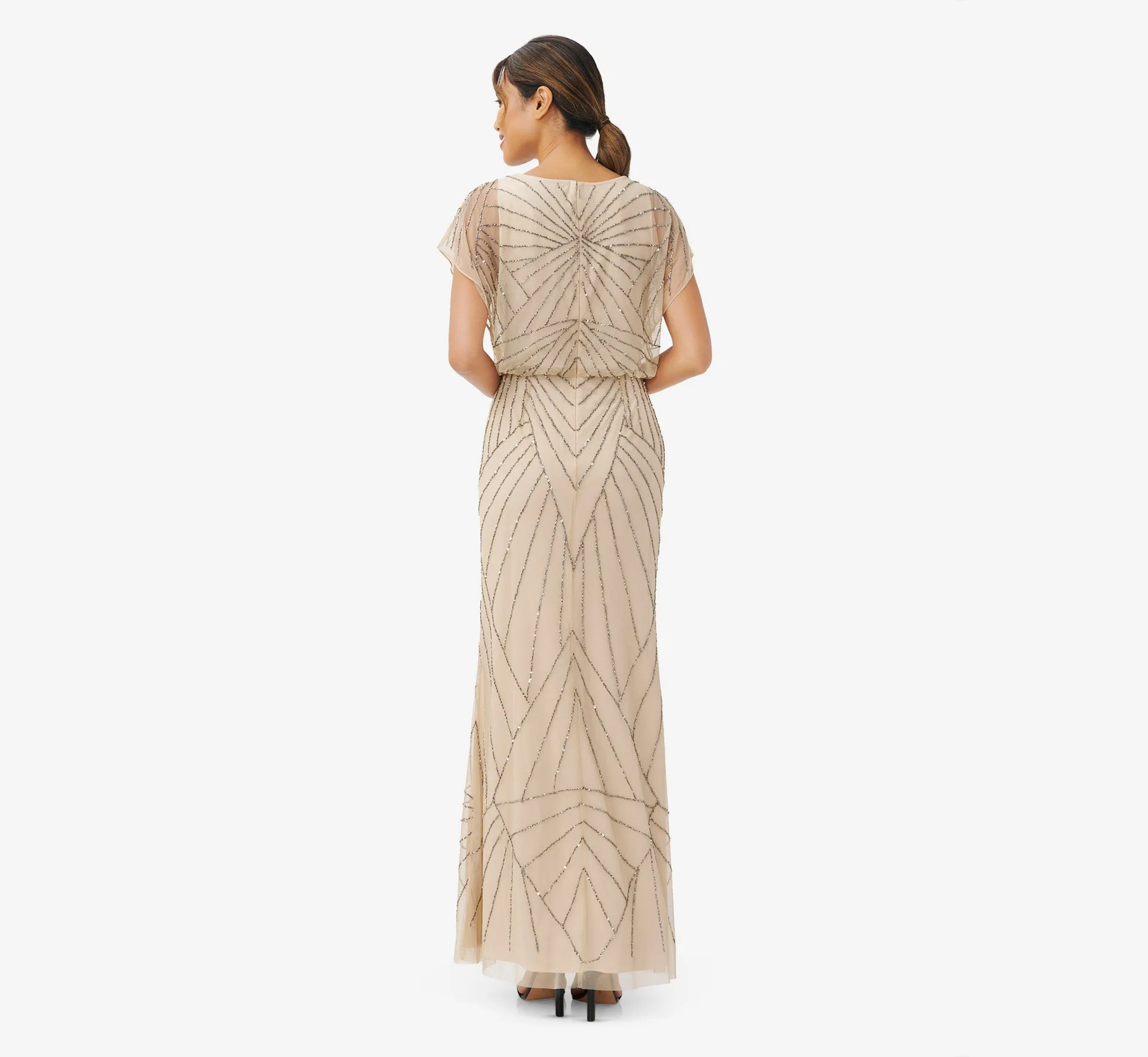 Hand-Beaded Blouson Long Gown With Flutter Sleeves In Nude sold by Adrianna Papell product image thumbnail 2