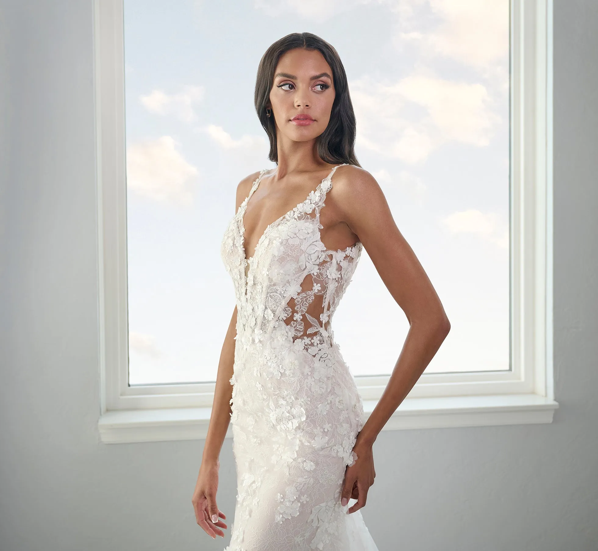 Tulle And Lace Slim Gown In Ivory French Lilac Nude sold by Adrianna Papell