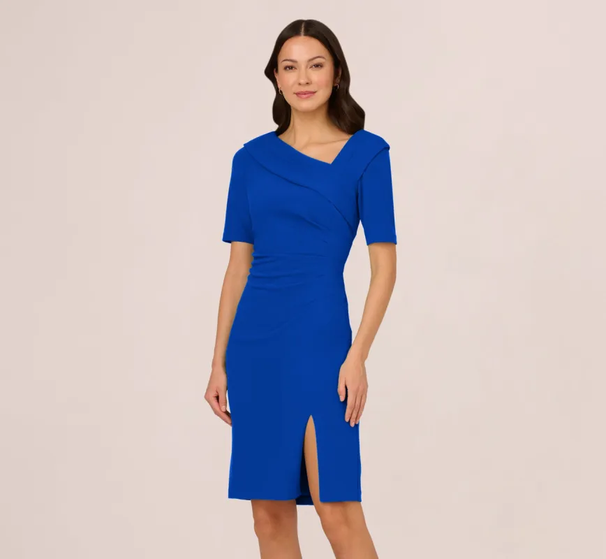Short Sleeves Sheath Dress With Asymmetrical Neckline In Violet Cobalt sold by Adrianna Papell