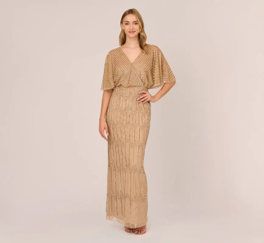 Hand-Beaded Illusion Long Column Blouson Gown In Champagne Gold sold by Adrianna Papell