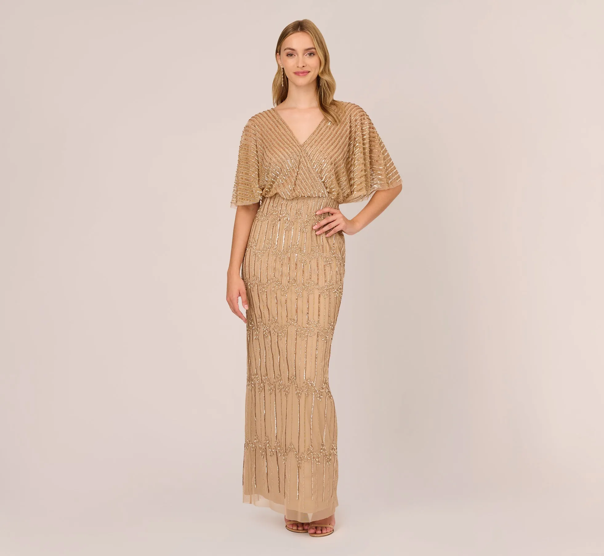 Hand-Beaded Illusion Long Column Blouson Gown In Champagne Gold sold by Adrianna Papell
