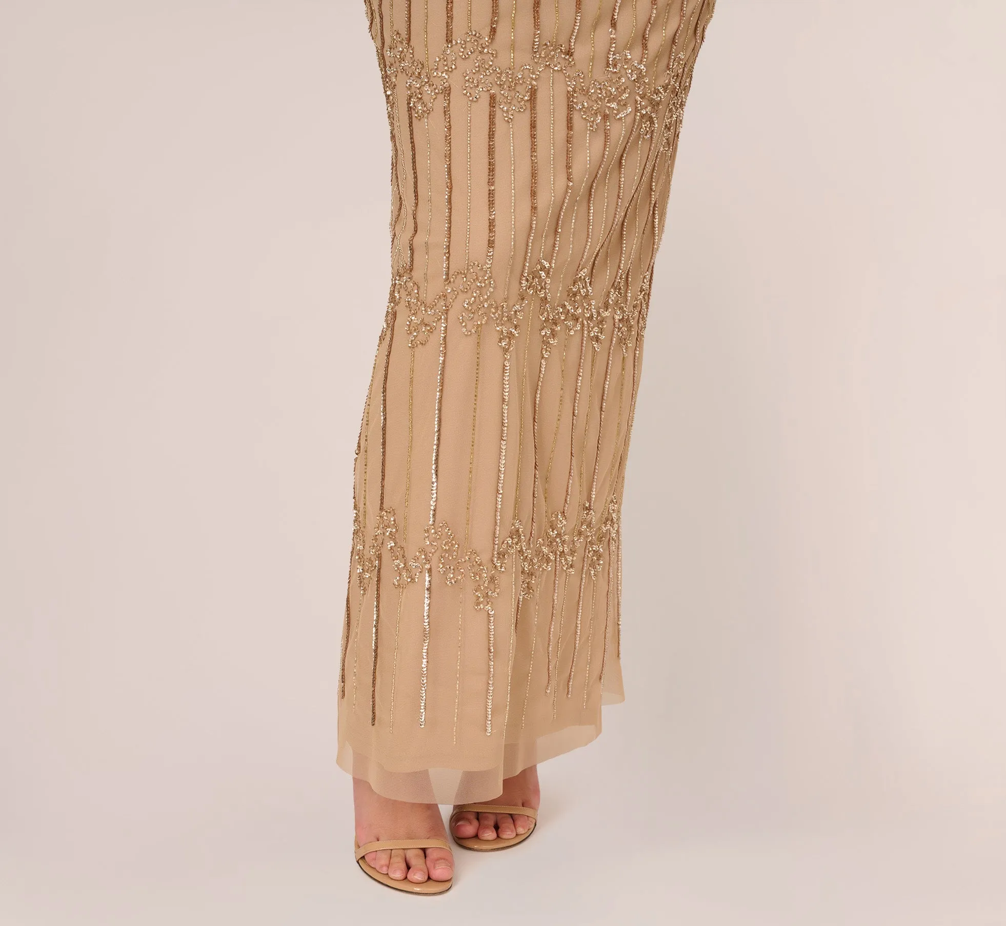 Hand-Beaded Illusion Long Column Blouson Gown In Champagne Gold sold by Adrianna Papell product image thumbnail 5