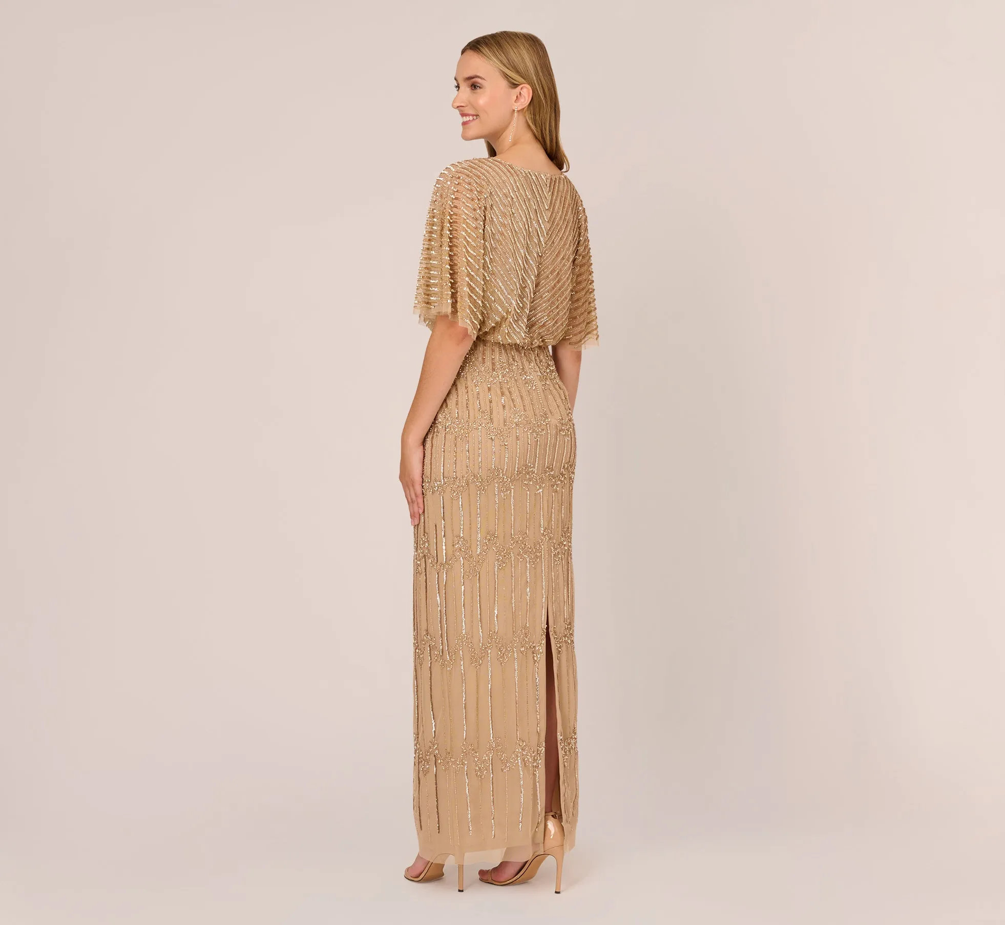Hand-Beaded Illusion Long Column Blouson Gown In Champagne Gold sold by Adrianna Papell product image thumbnail 4