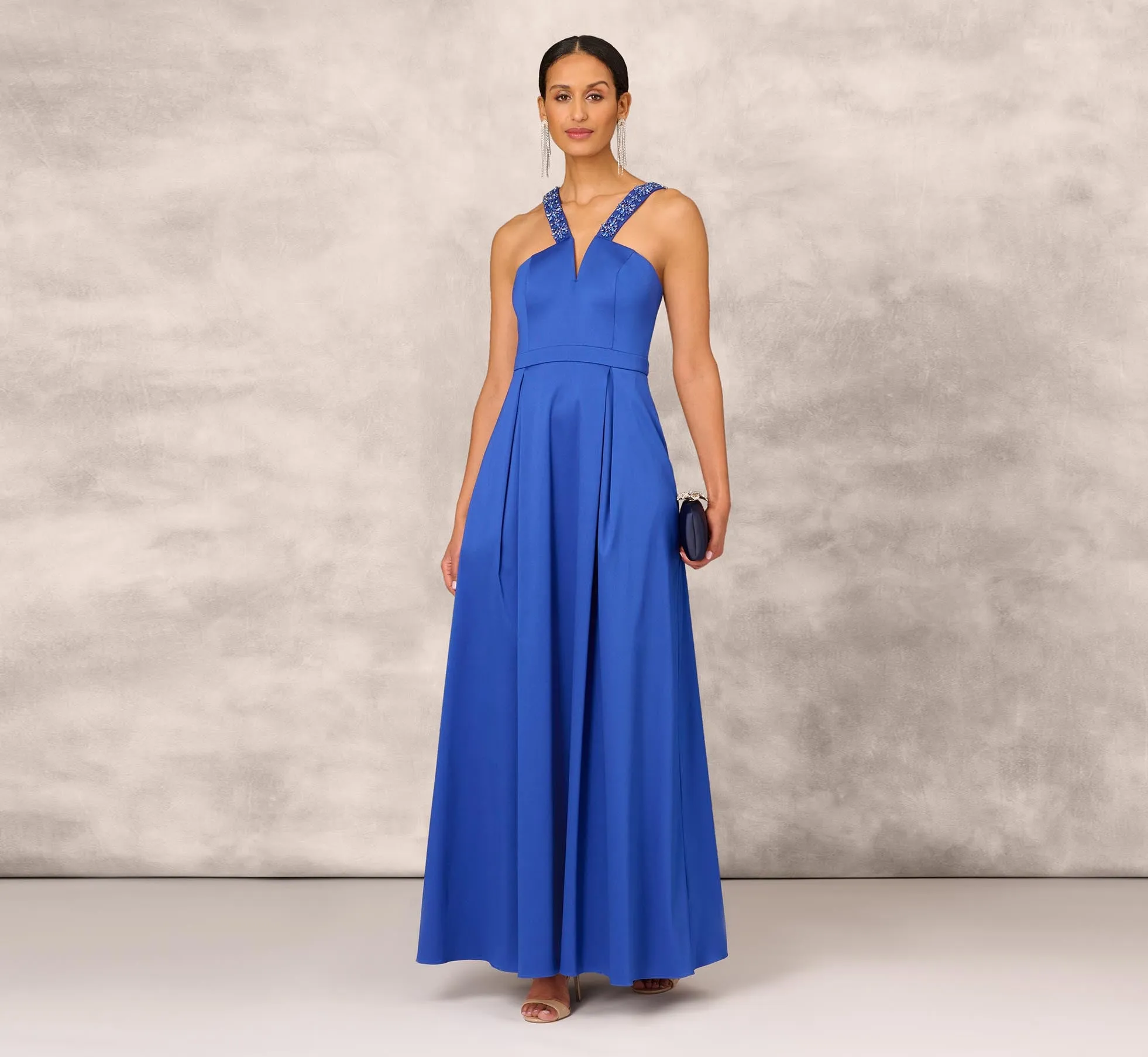 V-Neck Mikado Gown With Jewel Beaded Straps In Royal Sapphire sold by Adrianna Papell product image thumbnail 2