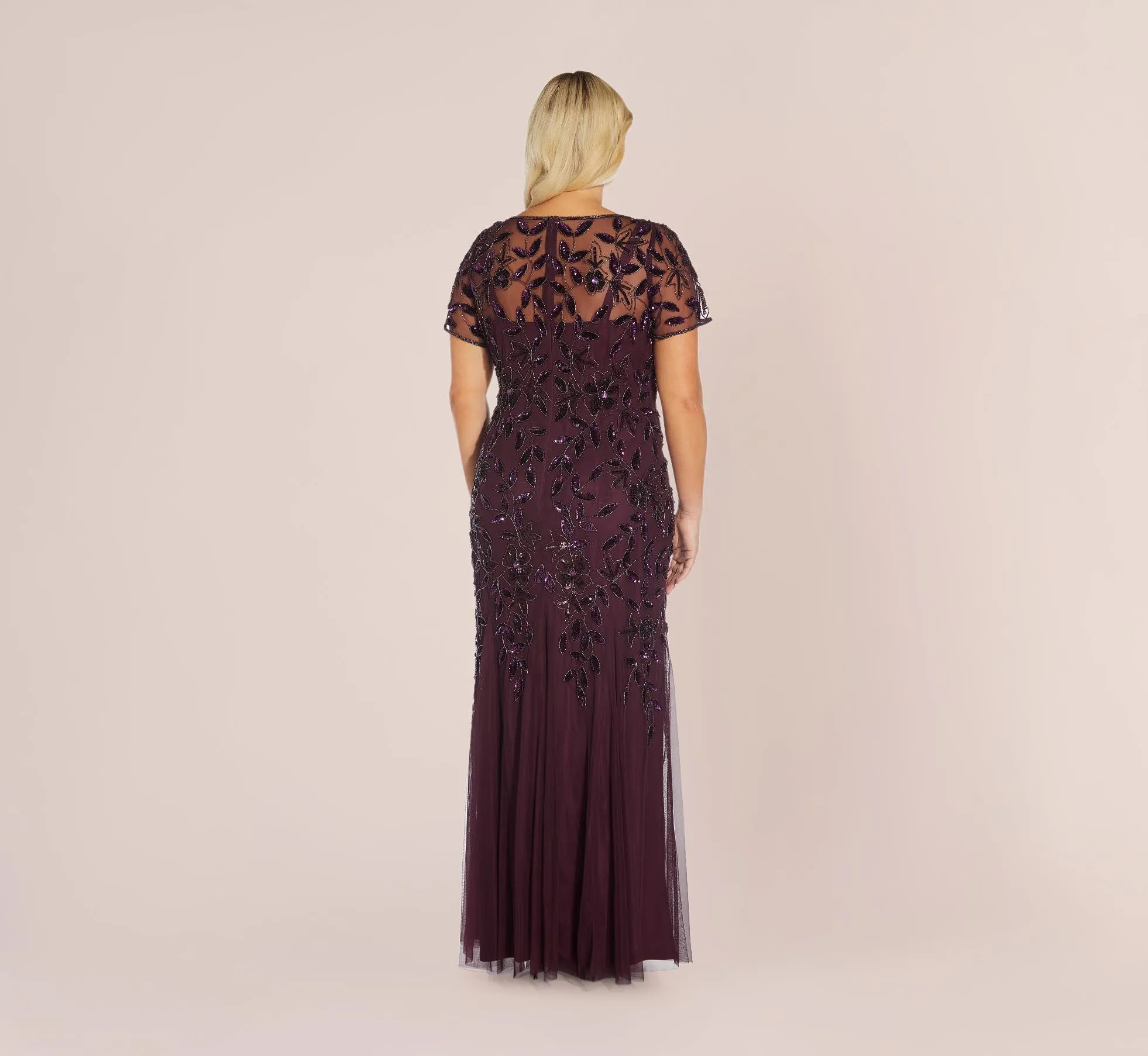 Plus Size Hand Beaded Short Sleeve Floral Godet Gown In Night Plum sold by Adrianna Papell product image thumbnail 3