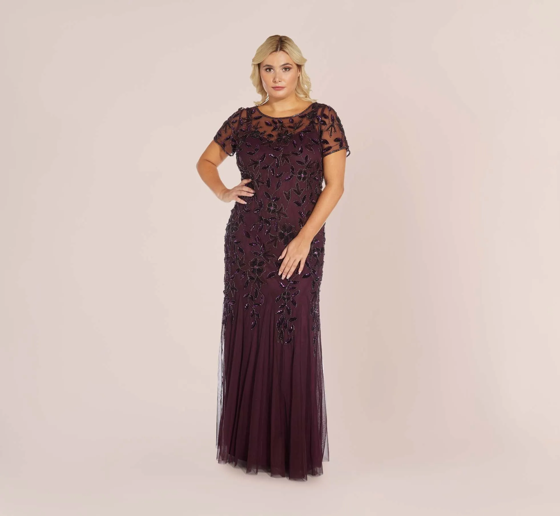 Plus Size Hand Beaded Short Sleeve Floral Godet Gown In Night Plum sold by Adrianna Papell