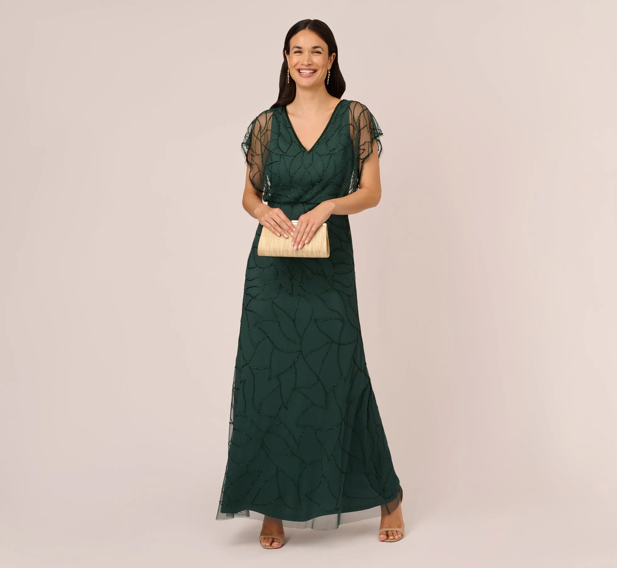 Beaded Blouson Mermaid Gown With Sheer Dolman Sleeves In Dusty Emerald sold by Adrianna Papell product image thumbnail 2