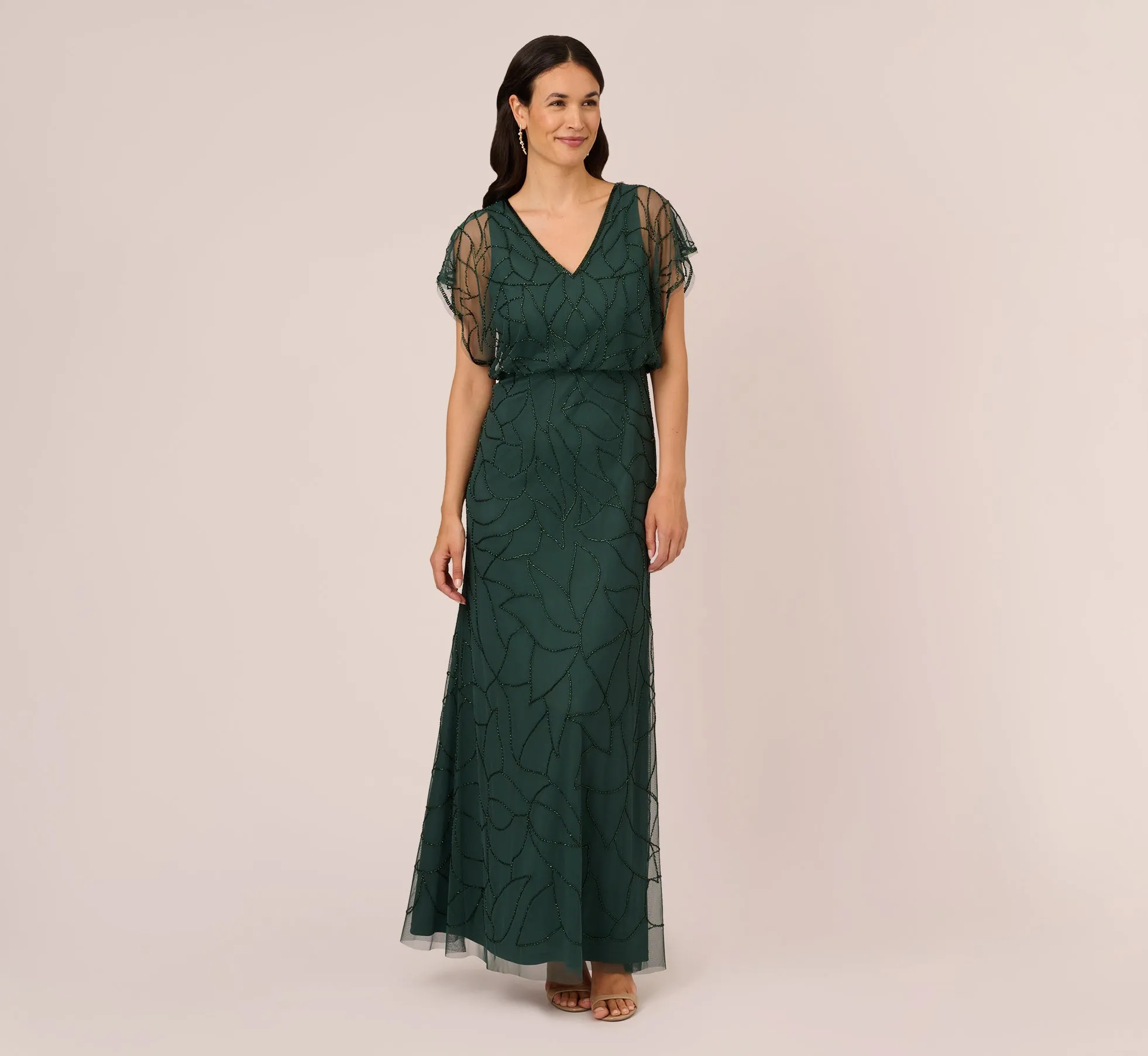 Beaded Blouson Mermaid Gown With Sheer Dolman Sleeves In Dusty Emerald sold by Adrianna Papell