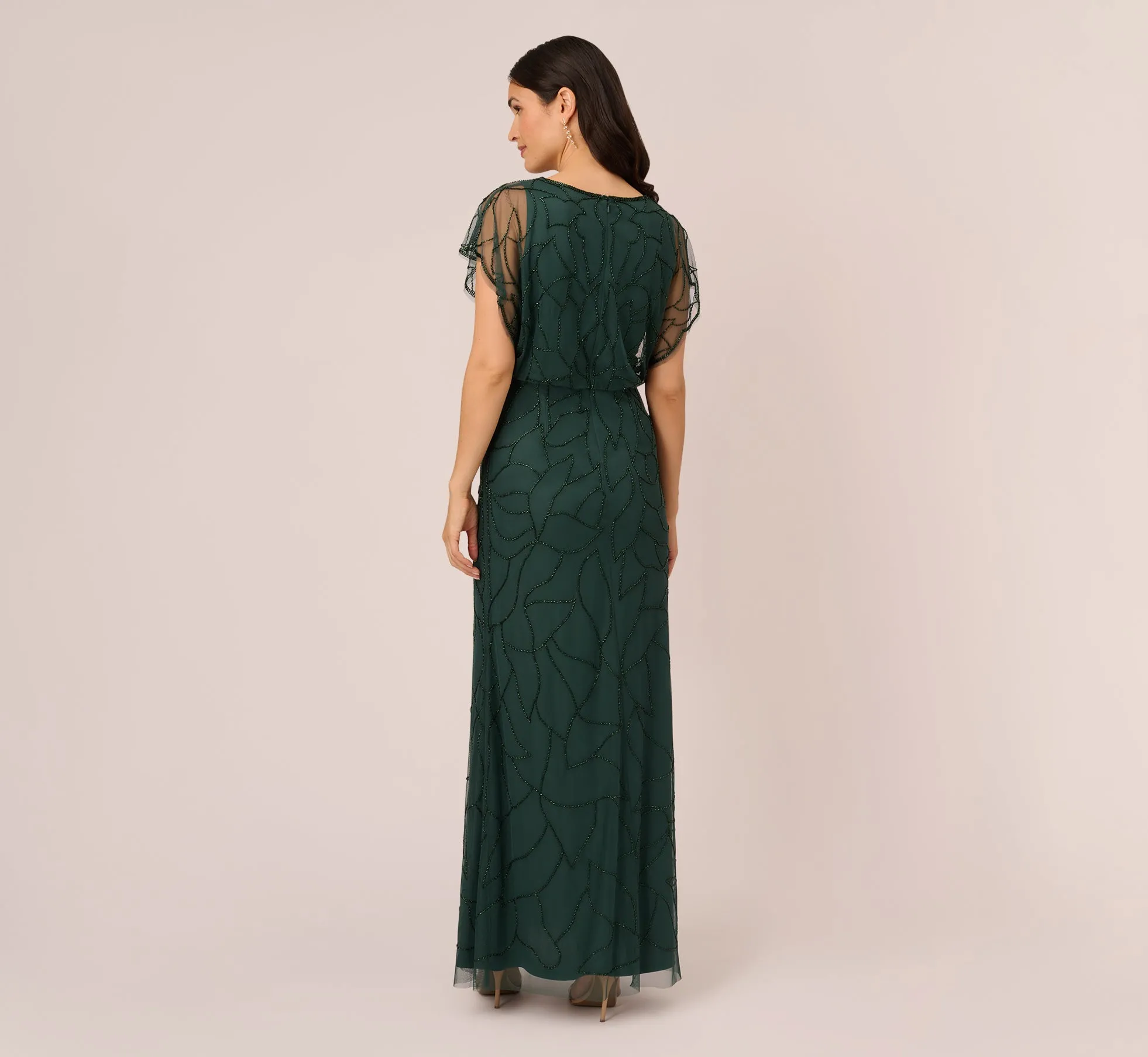 Beaded Blouson Mermaid Gown With Sheer Dolman Sleeves In Dusty Emerald sold by Adrianna Papell product image thumbnail 5