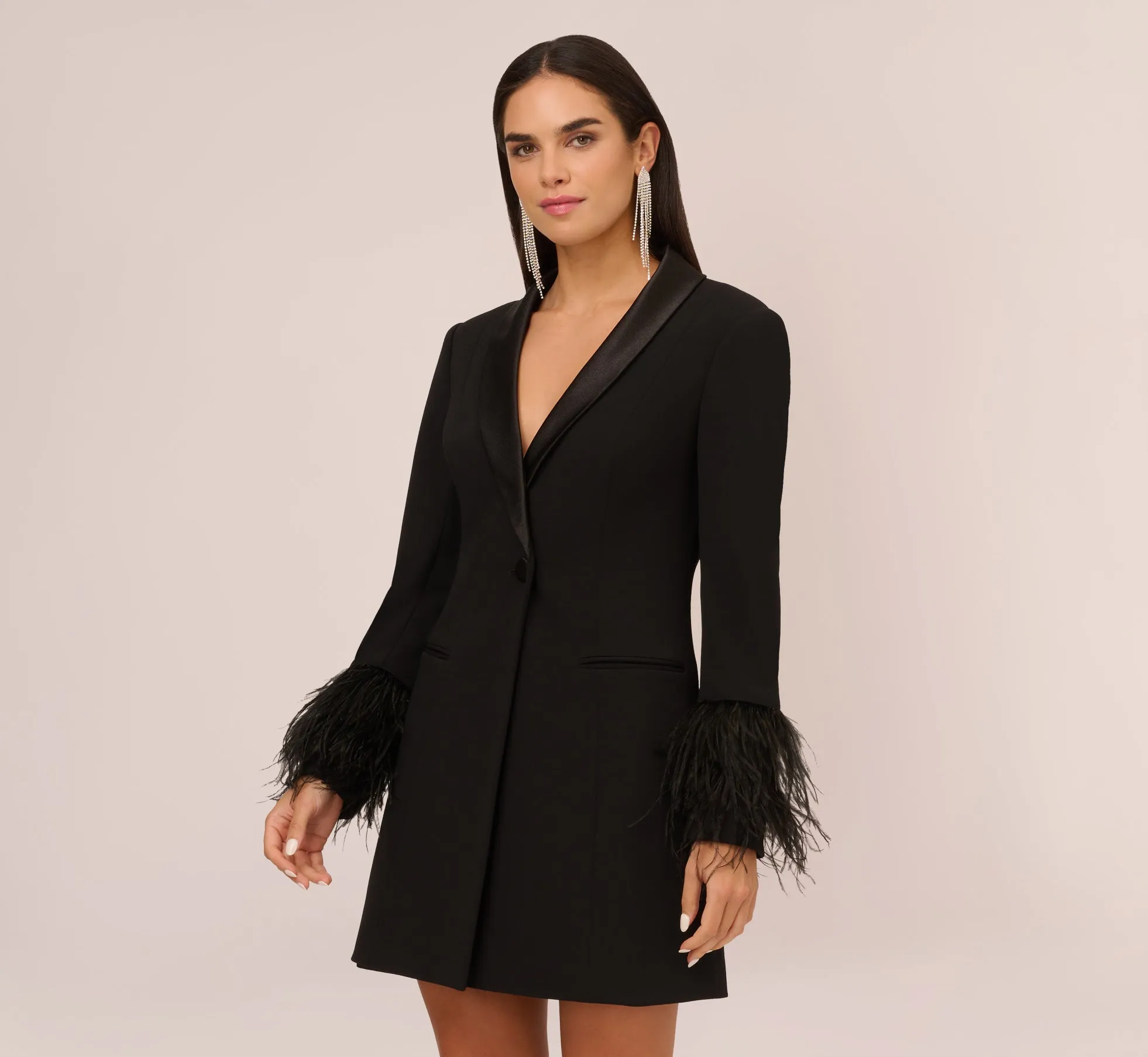 Knit Crepe Long Sleeve Blazer Dress With Feather Trim In Black sold by Adrianna Papell