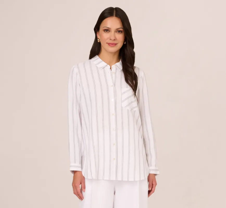 Striped Button Up Linen Shirt With Long Sleeves In White Grey Triple Stripe sold by Adrianna Papell