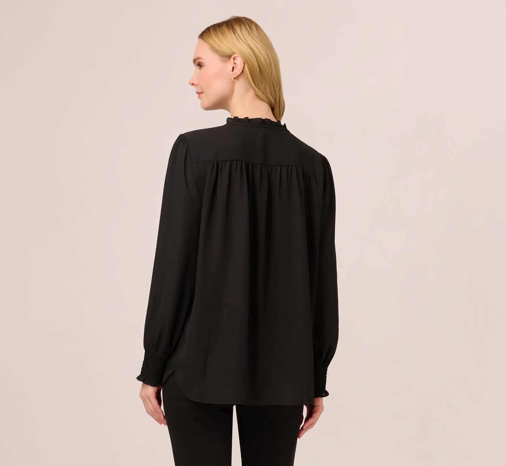 Ruffle Tie Neck Top With Smocked Long Sleeves In Black sold by Adrianna Papell product image thumbnail 4