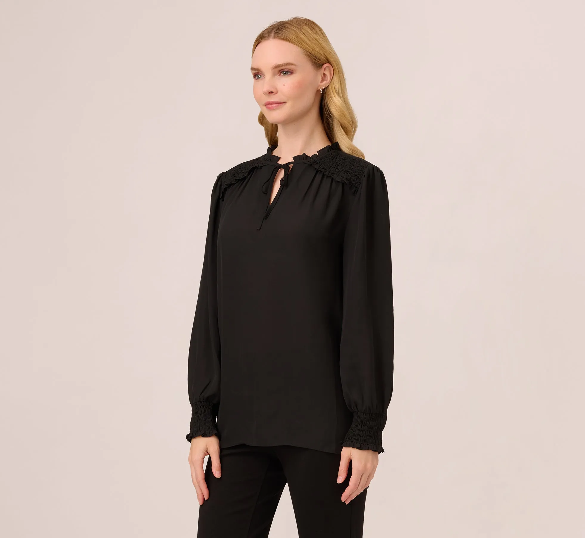 Ruffle Tie Neck Top With Smocked Long Sleeves In Black sold by Adrianna Papell product image thumbnail 2