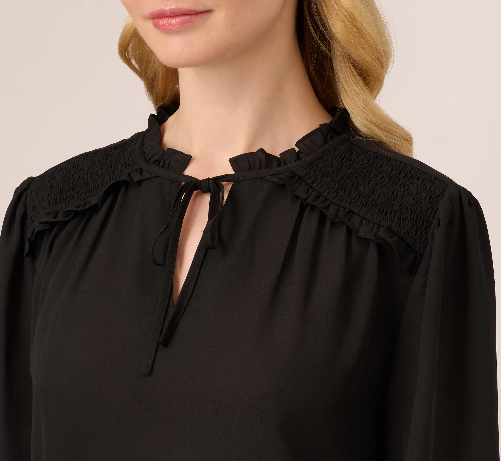 Ruffle Tie Neck Top With Smocked Long Sleeves In Black sold by Adrianna Papell product image thumbnail 3