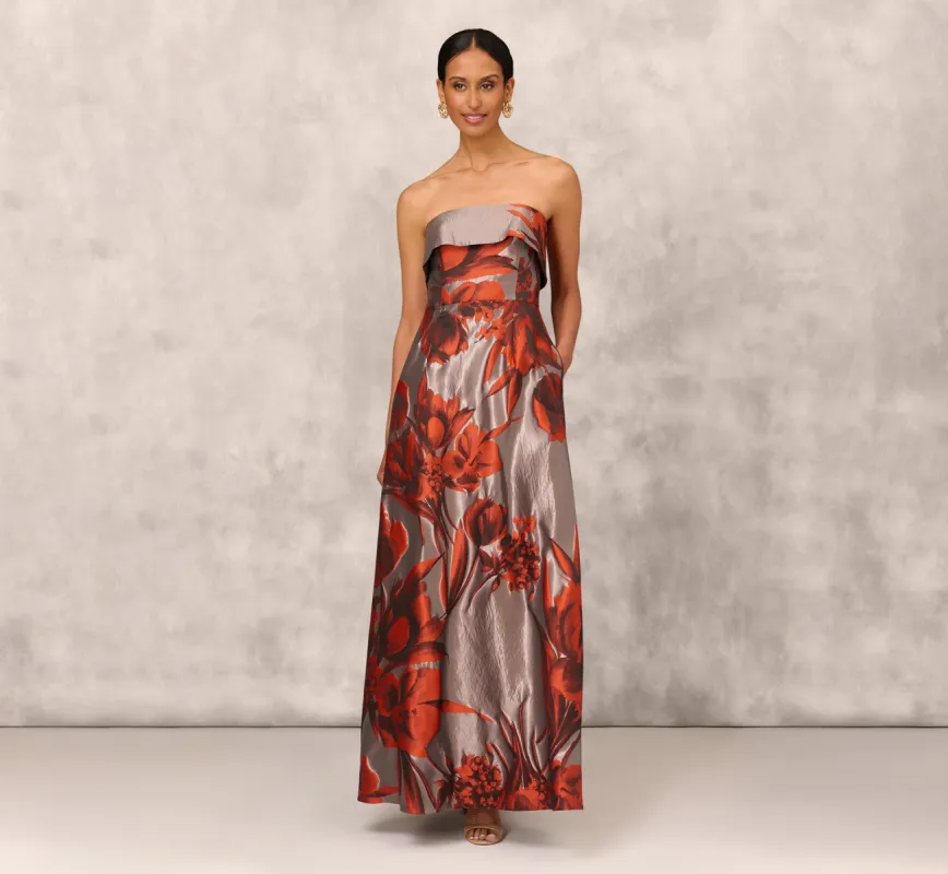 Metallic Floral Jacquard Strapless Gown With Pockets In Rust Multi sold by Adrianna Papell