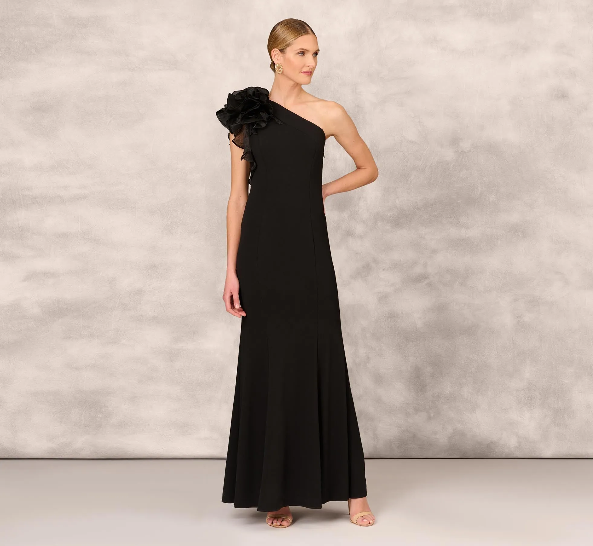 One Shoulder Mermaid Dress With Organza Sleeve In Black sold by Adrianna Papell